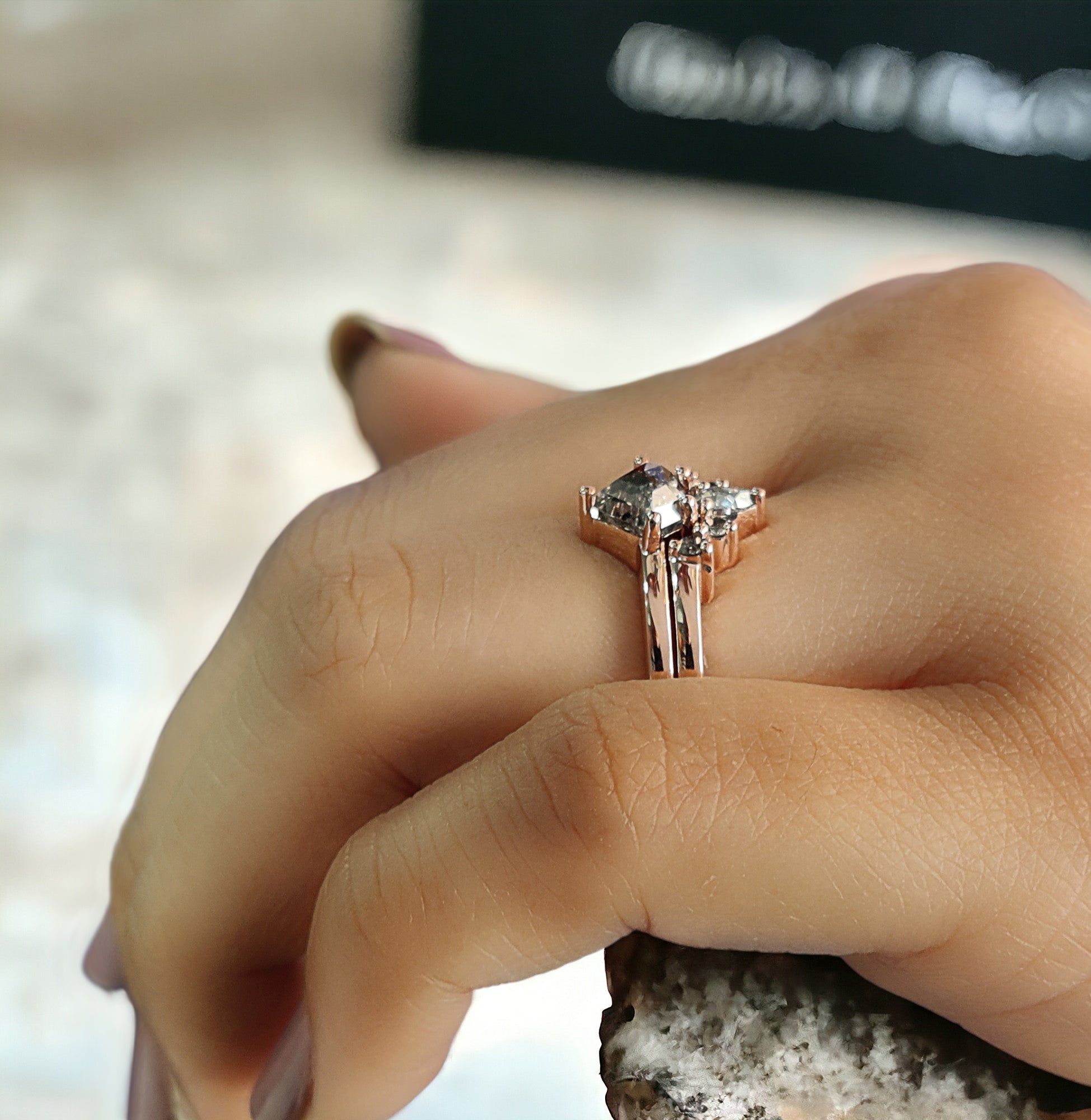 Shield Cut Salt And Pepper Diamond Ring 1.05 Ct 5.88 MM Shield Diamond Ring 14K Solid Rose Gold Silver Engagement Ring Gift For Her QL2673