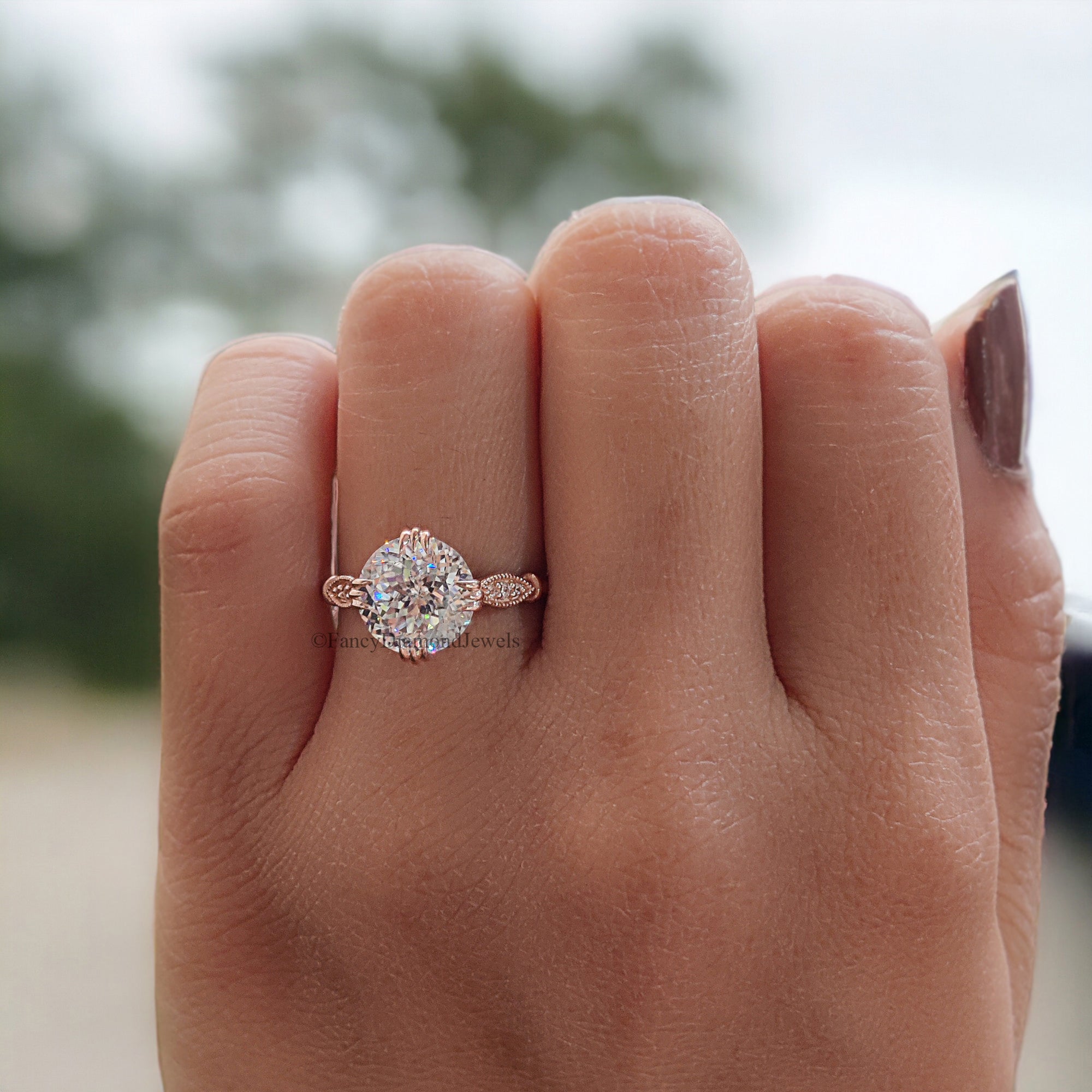 Vintage Style Engagement Ring 2.26 TW Portuguese Cut Moissanite Fishtail Prong Ring Wedding Ring for Women Cathedral Milgrain Ring FD10