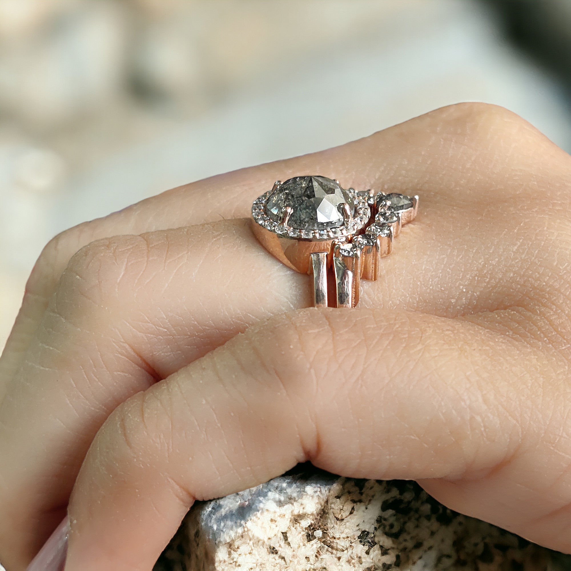 Round Rose Cut Salt And Pepper Diamond Ring 2.77 Ct 8.40 MM Round Diamond Ring 14K Rose Gold Silver Engagement Ring Gift For Her QL9731