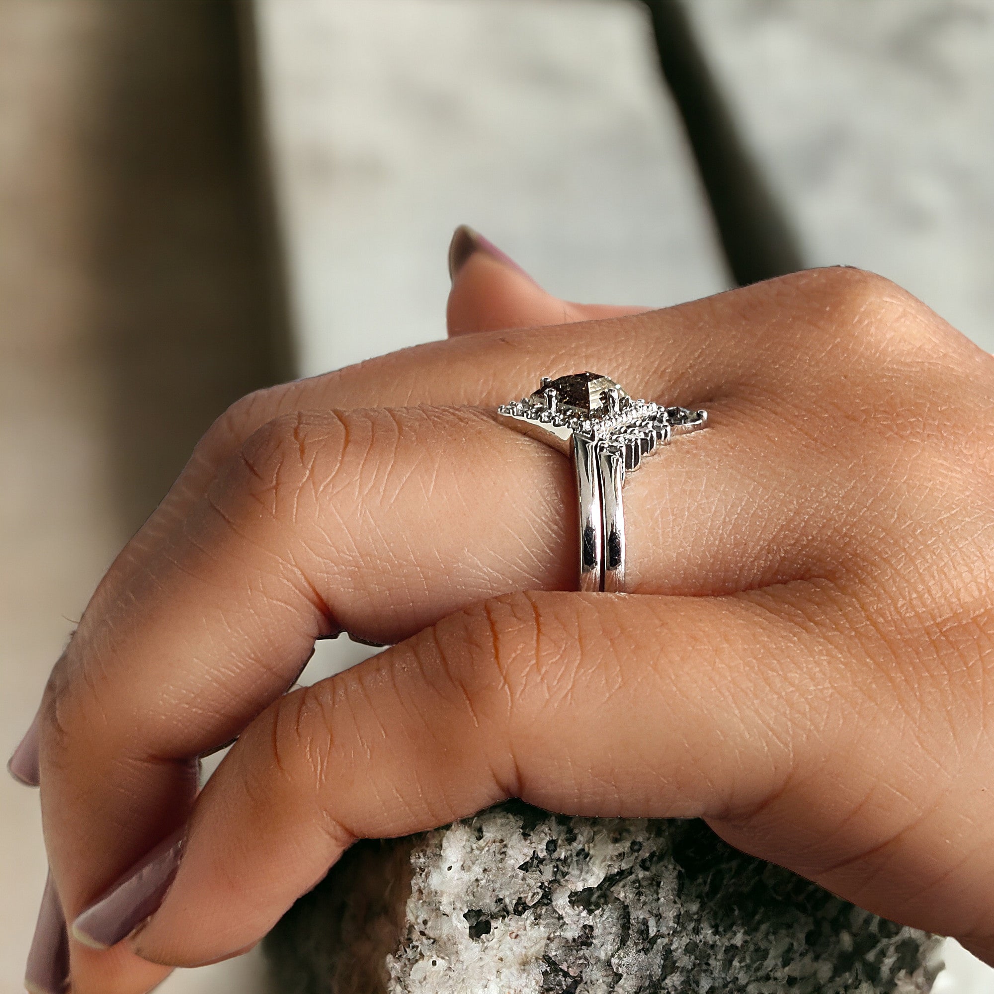 Kite Cut Salt And Pepper Diamond Ring 0.84 Ct 7.11 MM Kite Diamond Ring 14K Solid White Gold Silver Kite Engagement Ring Gift For Her QL2602