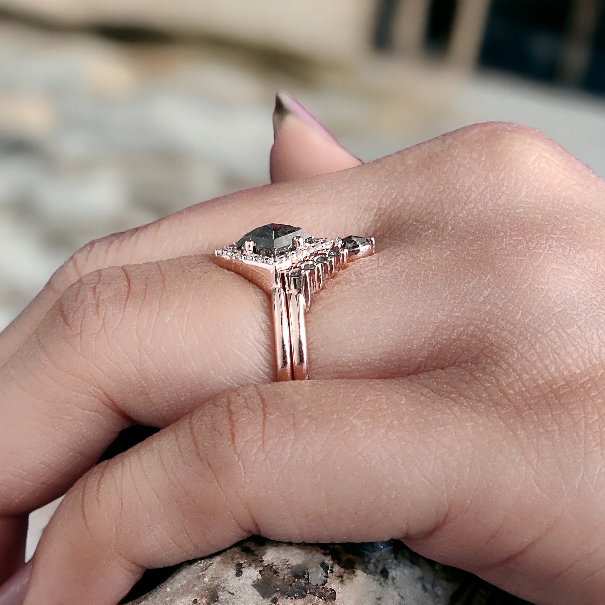 Kite Cut Salt And Pepper Diamond Ring 0.88 Ct 7.79 MM Kite Diamond Ring 14K Solid Rose Gold Silver Kite Engagement Ring Gift For Her QL2107