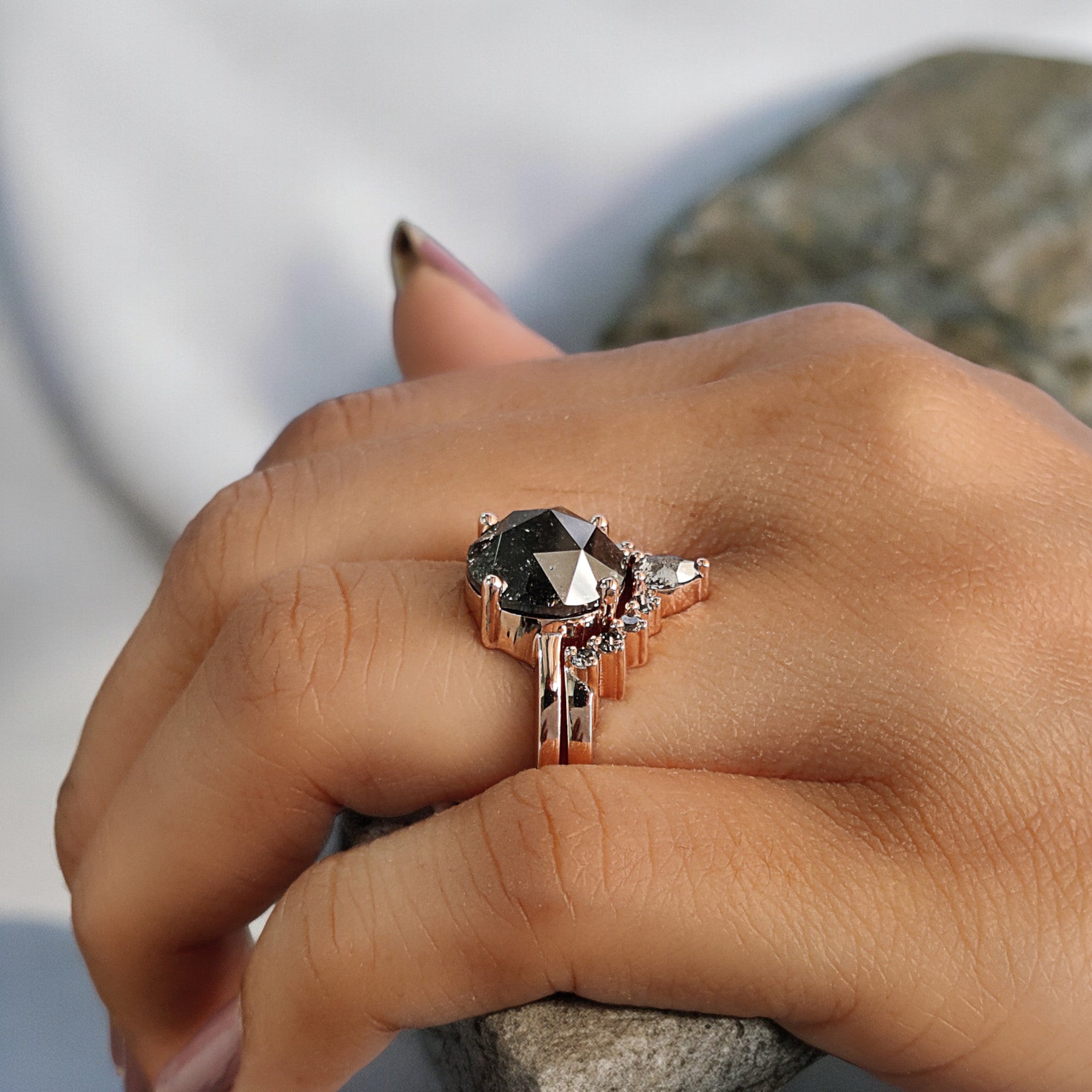 Round Rose Cut Salt And Pepper Diamond Ring 5.10 Ct 10.30 MM Round Diamond Ring 14K Solid Rose Gold Silver Engagement Ring Gift For Her QL093