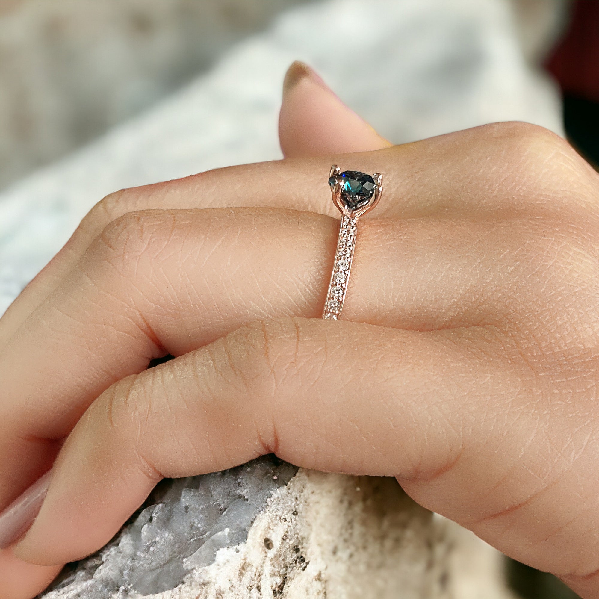 Round Shape Blue Color Diamond Ring 0.74 Ct 5.60 MM Round Cut Diamond Ring 14K Solid Rose Gold Silver Engagement Ring Gift For Her QL1596