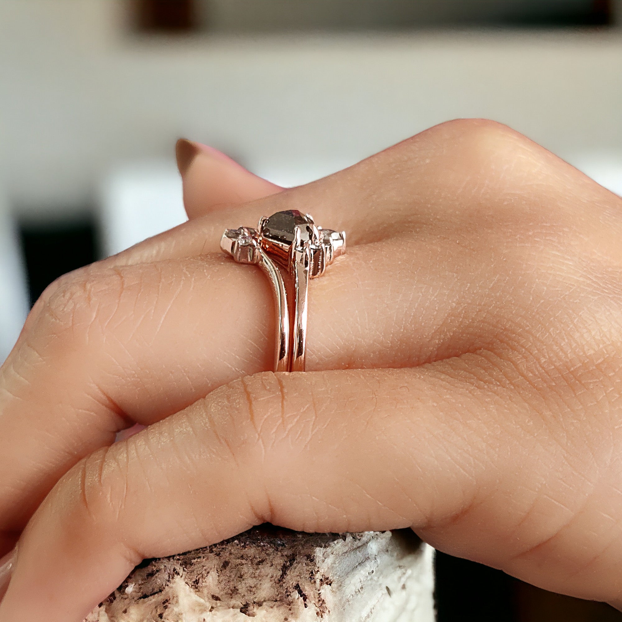 Shield Cut Salt And Pepper Diamond Ring 0.84 Ct 5.20 MM Shield Diamond Ring 14K Solid Rose Gold Silver Engagement Ring Gift For Her QN943