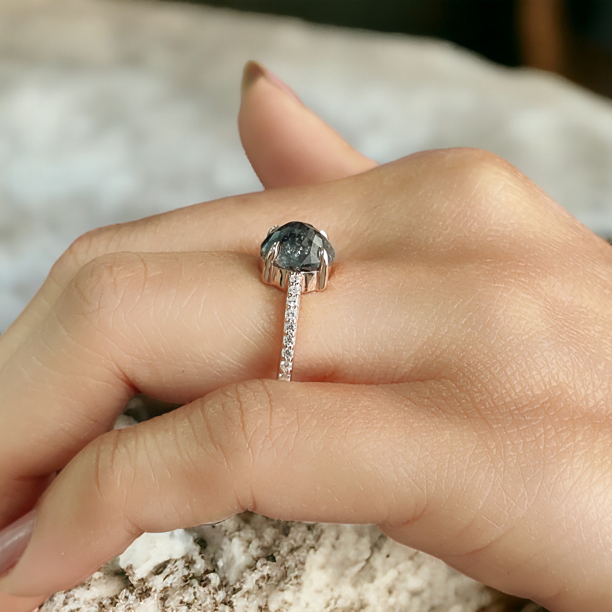 Round Rose Cut Salt And Pepper Diamond Ring 2.49 Ct 8.15 MM Round Diamond Ring 14K Rose Gold Silver Engagement Ring Gift For Her QL202