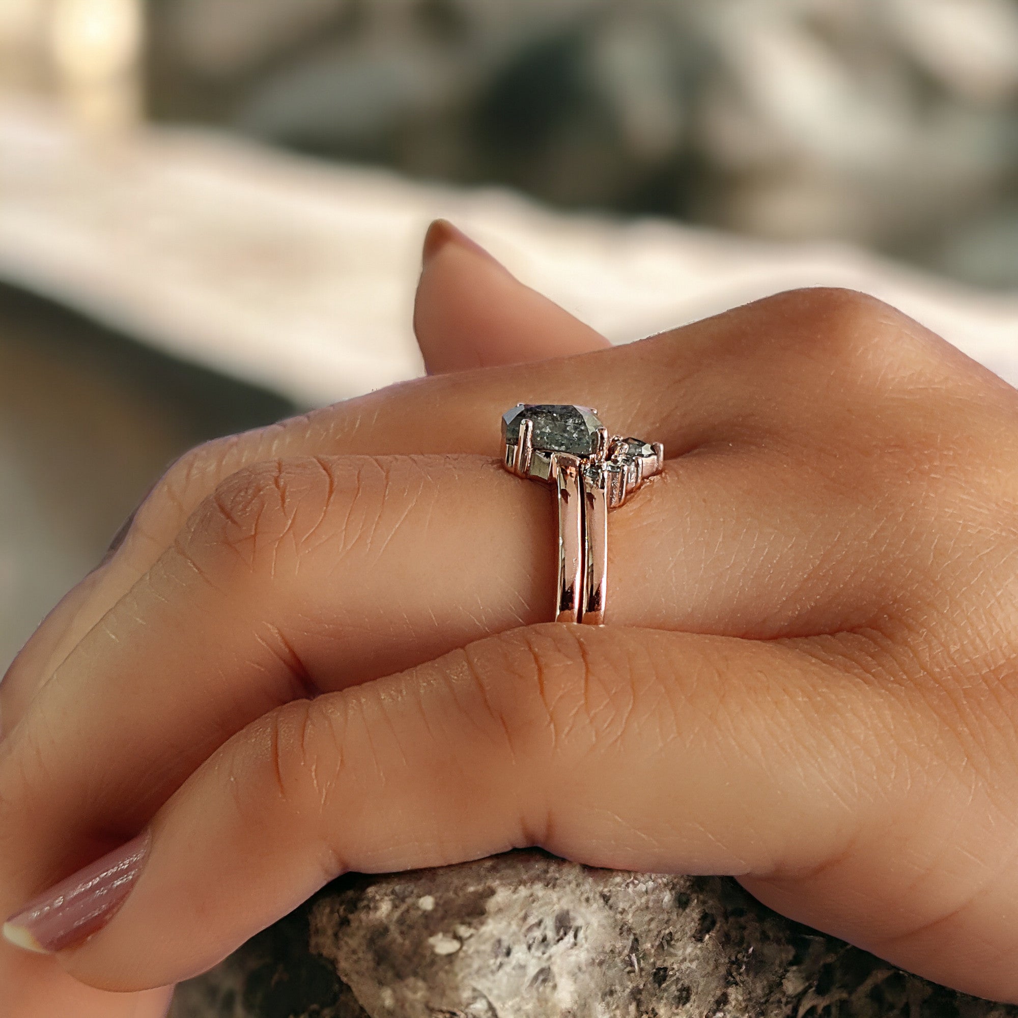 Coffin Cut Salt And Pepper Diamond Ring 0.97 Ct 6.70 MM Coffin Diamond Ring 14K Solid Rose Gold Silver Engagement Ring Gift For Her QN1553