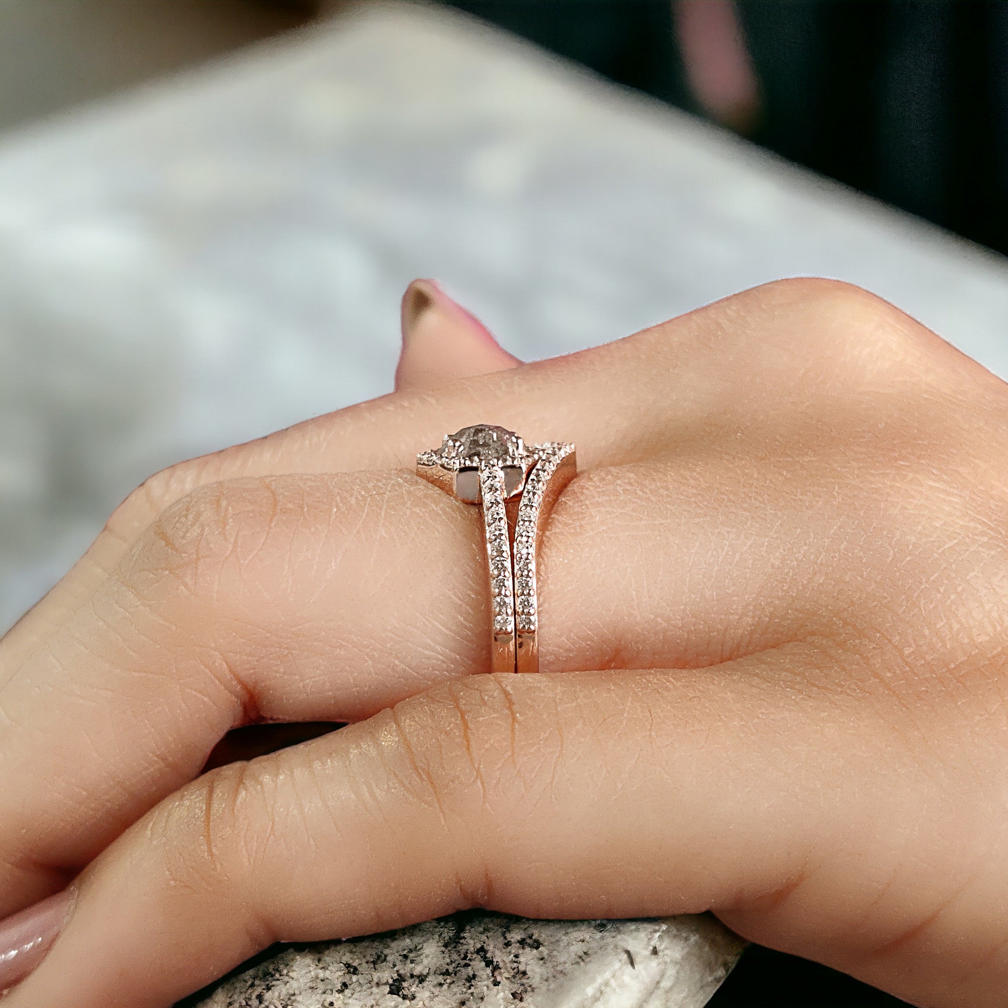 Hexagon Salt And Pepper Diamond Ring 0.58 Ct 5.45 MM Hexagon Cut Diamond Ring 14K Solid Rose Gold Silver Engagement Ring Gift For Her QN536