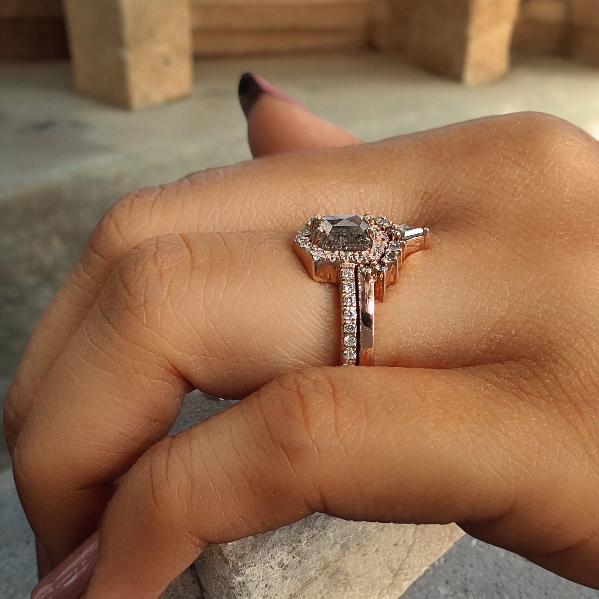 Hexagon Cut Salt And Pepper Diamond Ring 0.88 Ct 6.55 MM Hexagon Diamond Ring 14K Solid Rose Gold Silver Engagement Ring Gift For Her QN1460