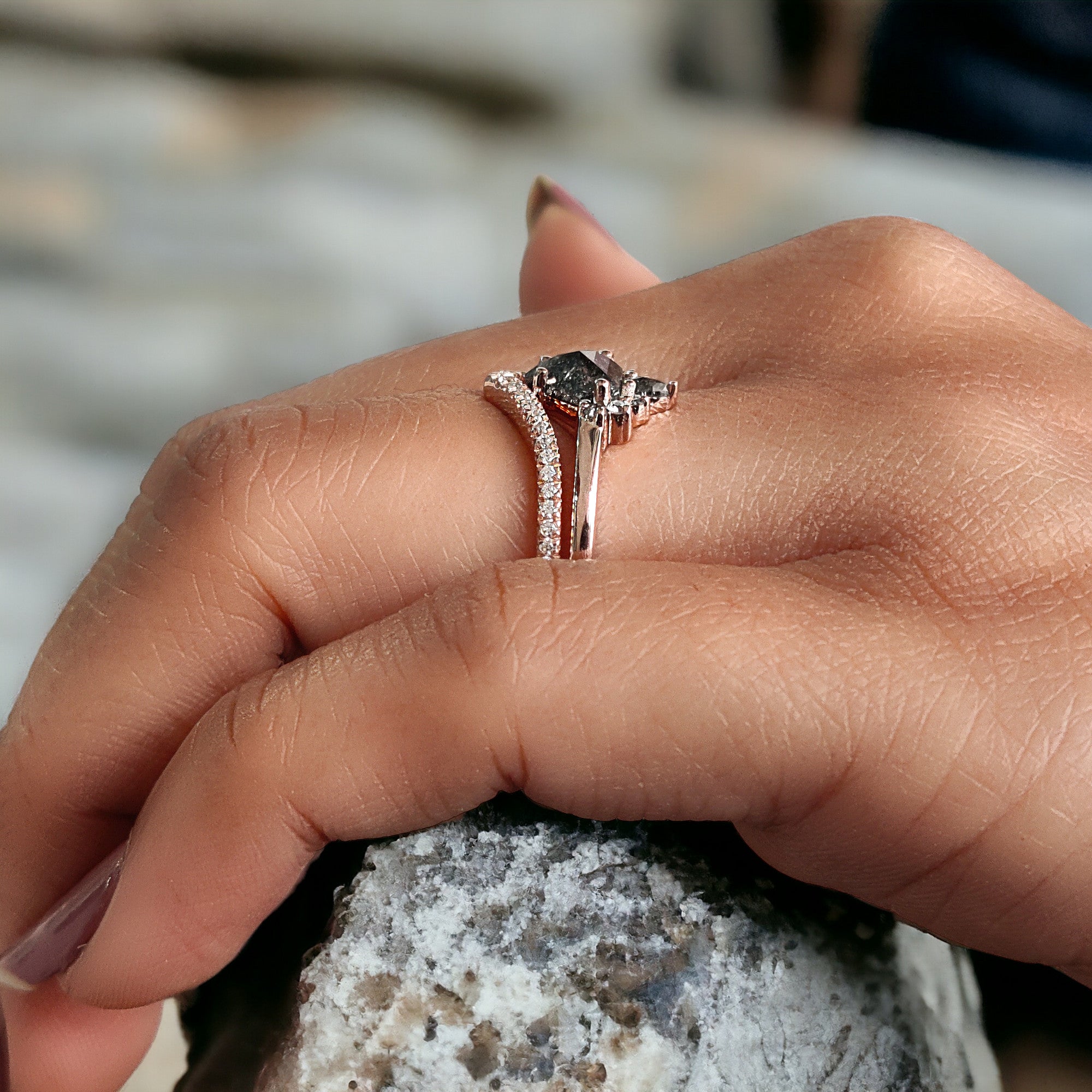 Shield Cut Salt And Pepper Diamond Ring 0.89 Ct 5.80 MM Shield Diamond Ring 14K Solid Rose Gold Silver Engagement Ring Gift For Her QN1226