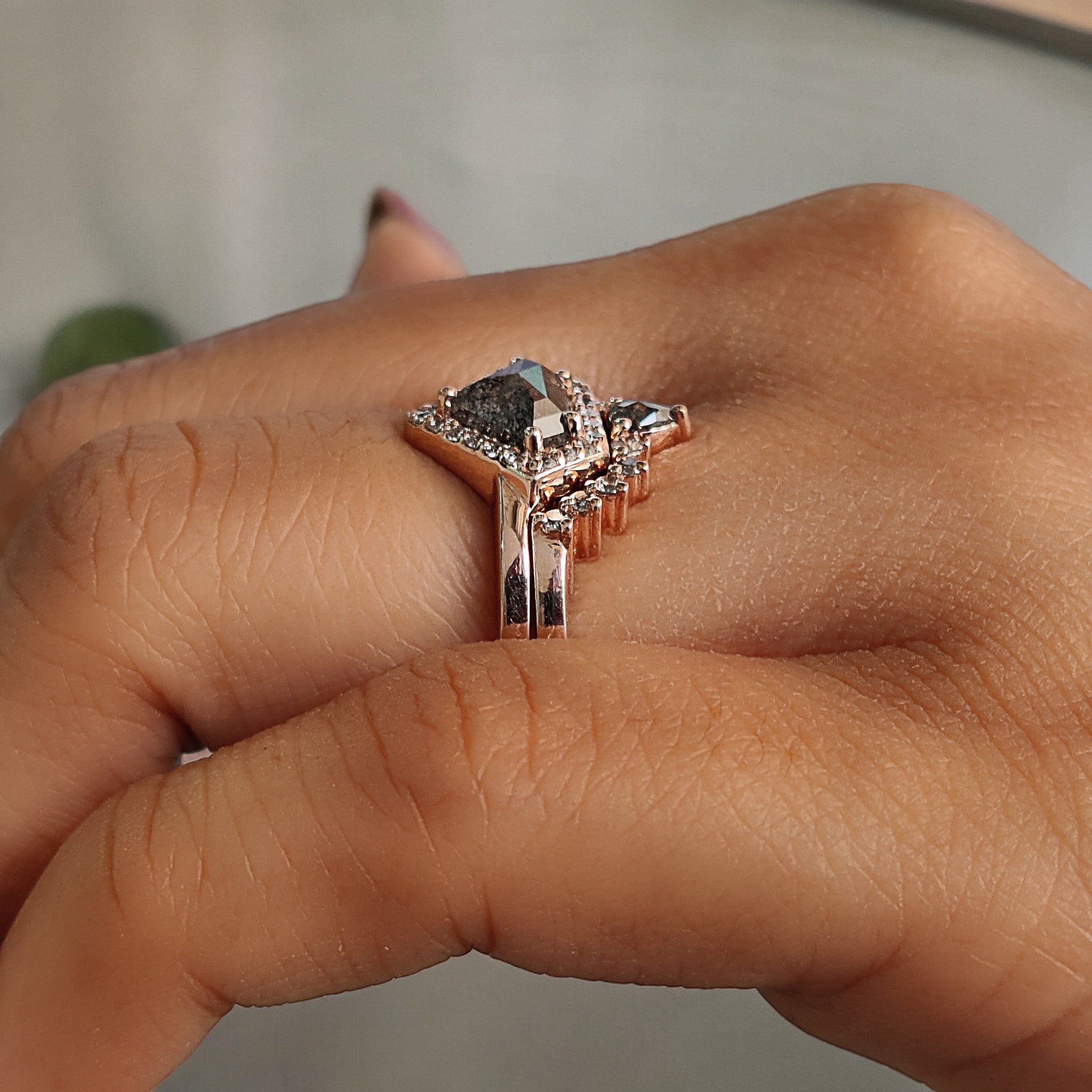 Shield Cut Salt And Pepper Diamond Ring 1.17 Ct 6.05 MM Shield Diamond Ring 14K Solid Rose Gold Silver Engagement Ring Gift For Her QL285