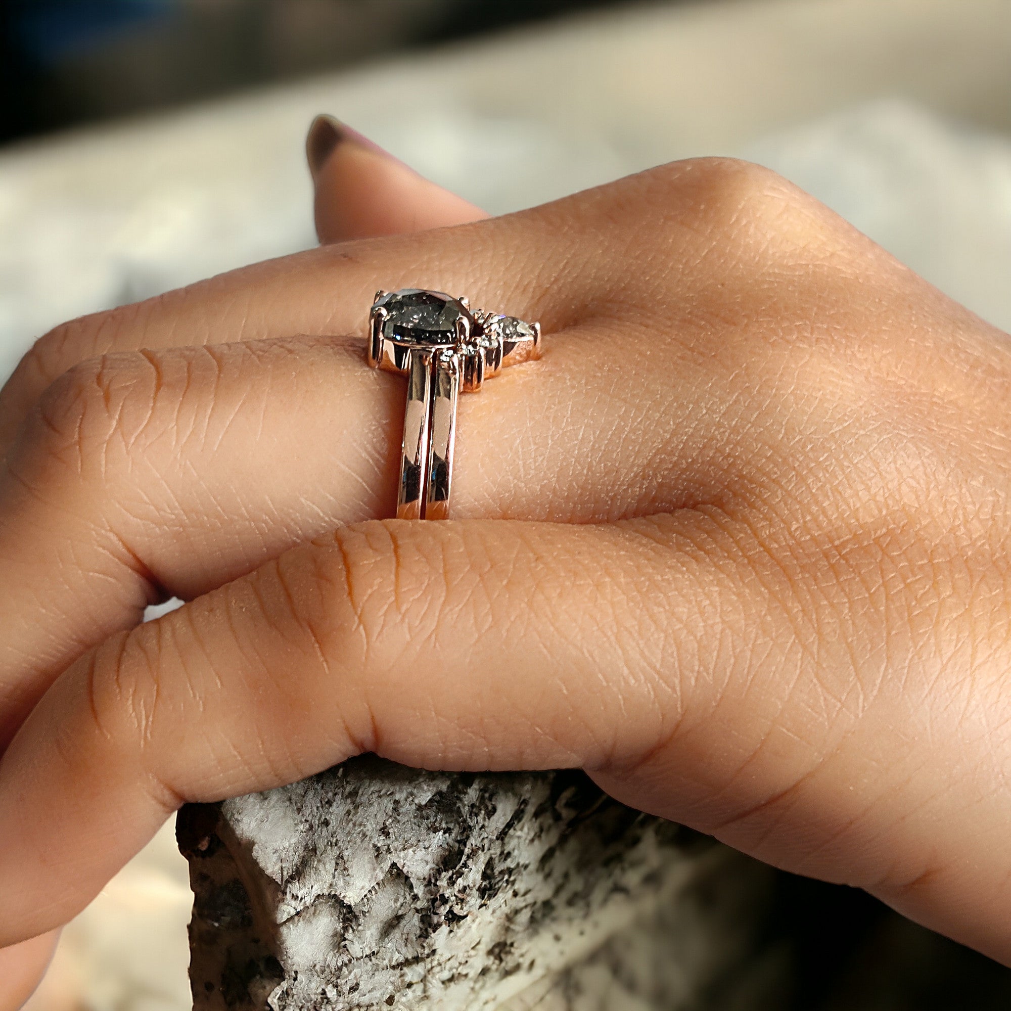 Oval Cut Salt And Pepper Diamond Ring 1.00 Ct 6.55 MM Oval Diamond Ring 14K Solid Rose Gold Silver Oval Engagement Ring Gift For Her QL761