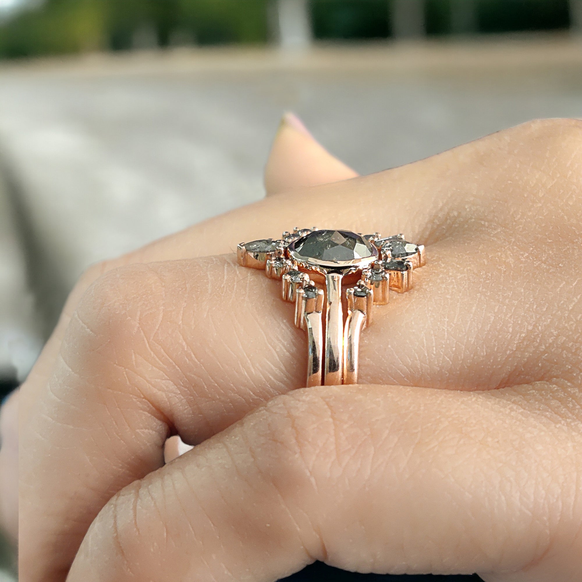 Oval Cut Salt And Pepper Diamond Ring 1.37 Ct 7.33 MM Oval Diamond Ring 14K Solid Rose Gold Silver Oval Engagement Ring Gift For Her QL2299