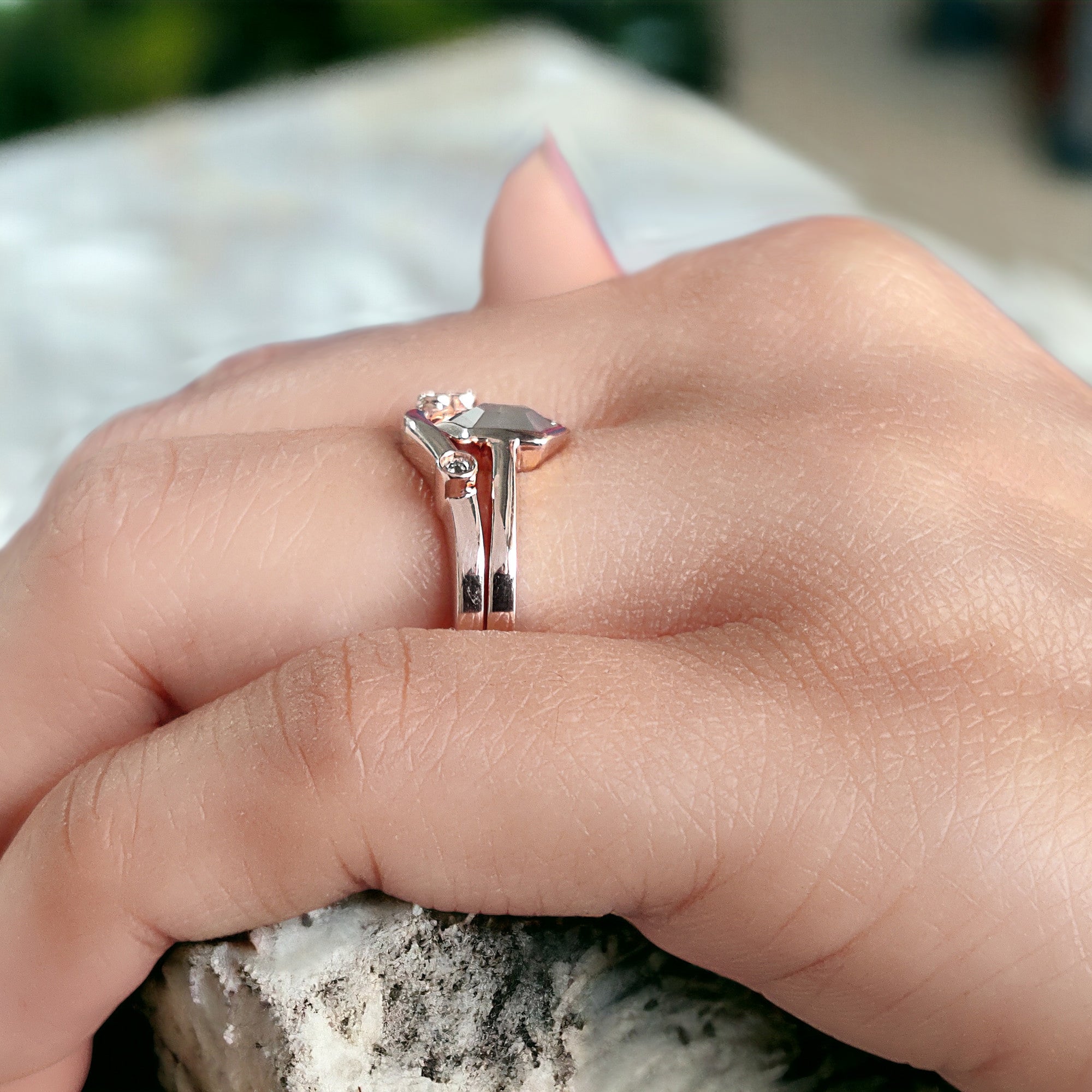 Hexagon Cut Salt And Pepper Diamond Ring 0.76 Ct 6.50 MM Hexagon Cut Diamond Ring 14K Rose Gold Silver Engagement Ring Gift For Her QL1121