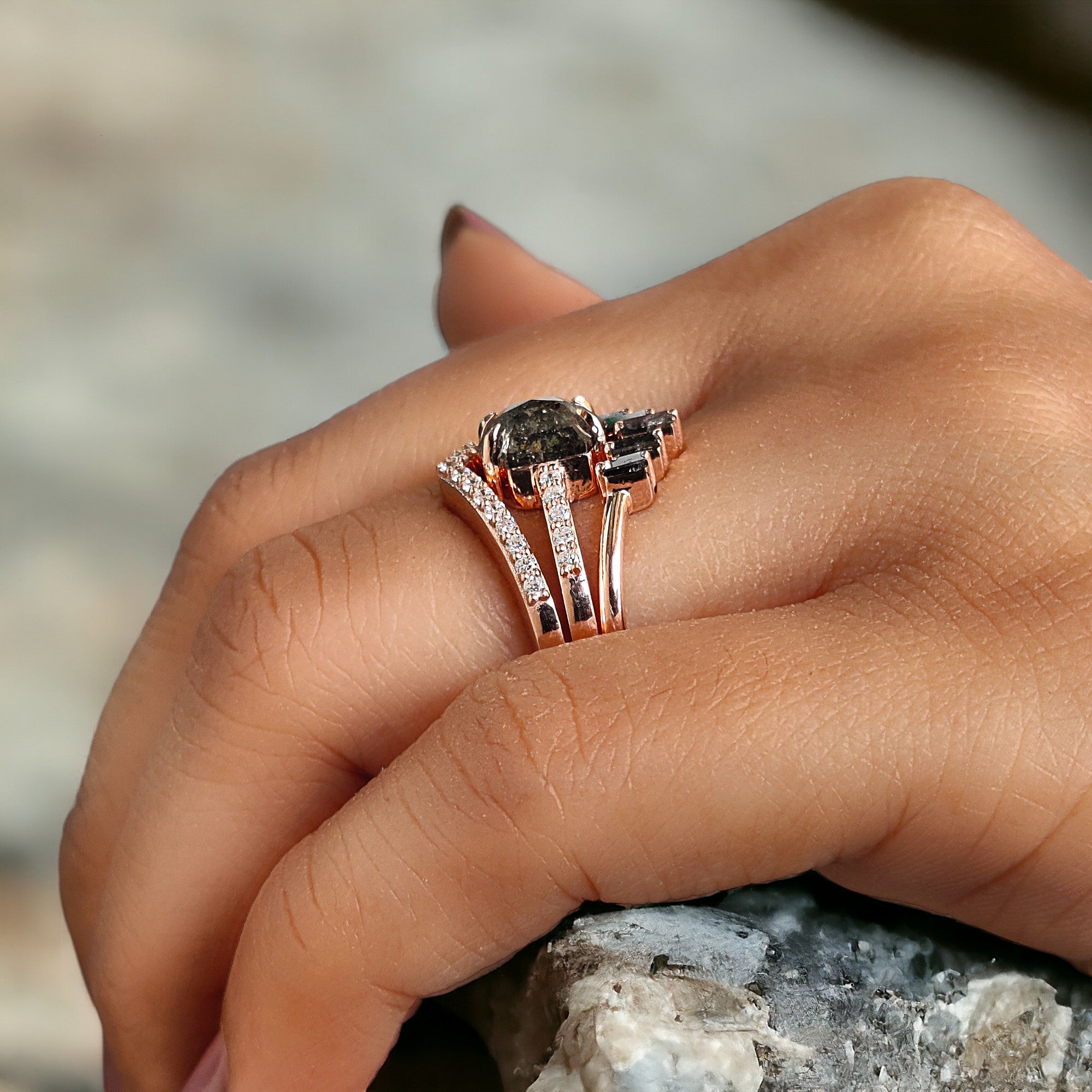 Hexagon Salt And Pepper Diamond Ring 1.41 Ct 7.50 MM Hexagon Cut Diamond Ring 14K Solid Rose Gold Silver Engagement Ring Gift For Her QL1262