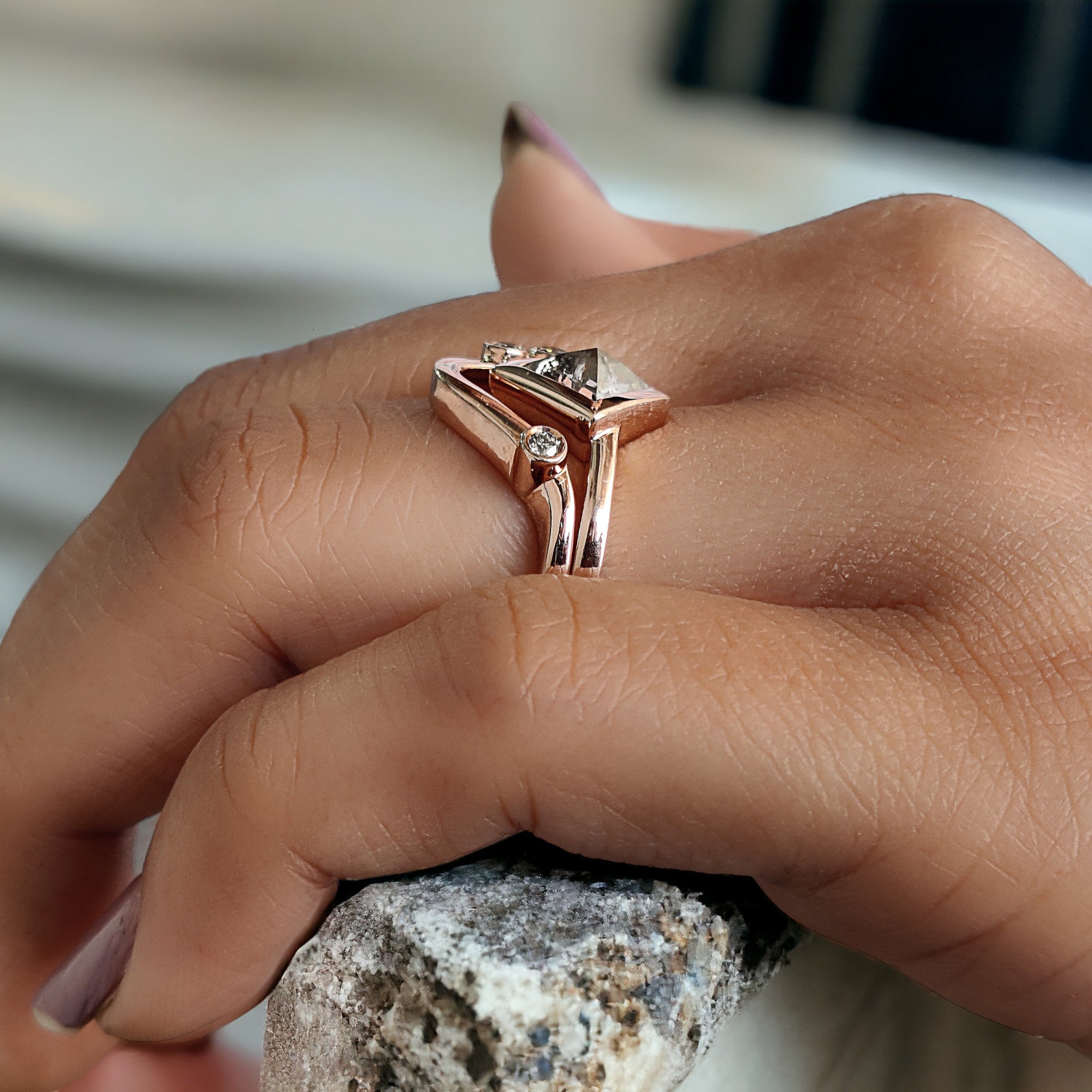 Kite Cut Salt And Pepper Diamond Ring 1.07 Ct 8.60 MM Kite Diamond Ring 14K Solid Rose Gold Silver Kite Engagement Ring Gift For Her QK2176