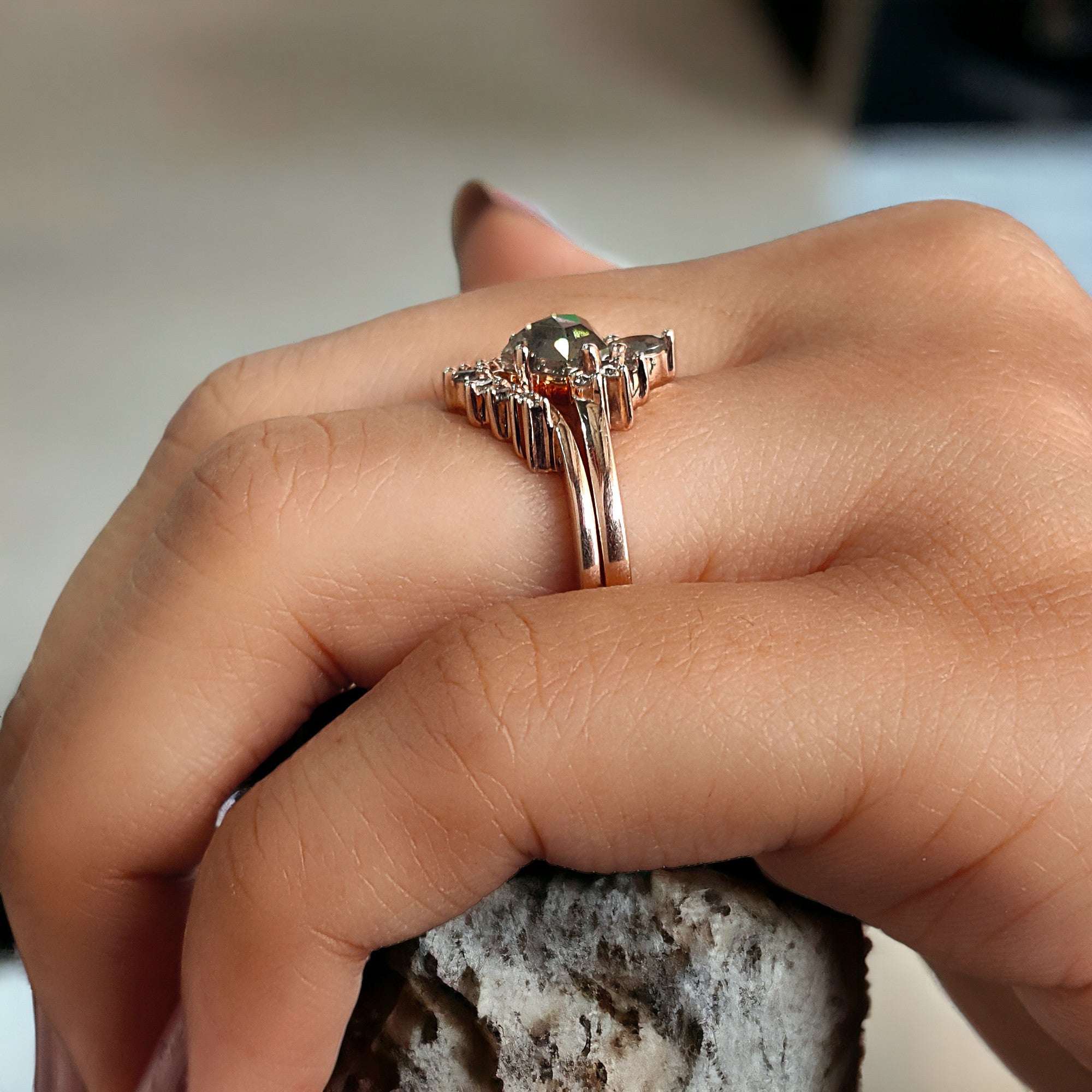 Shield Cut Salt And Pepper Diamond Ring 1.29 Ct 6.00 MM Shield Diamond Ring 14K Solid Rose Gold Silver Engagement Ring Gift For Her QK2172