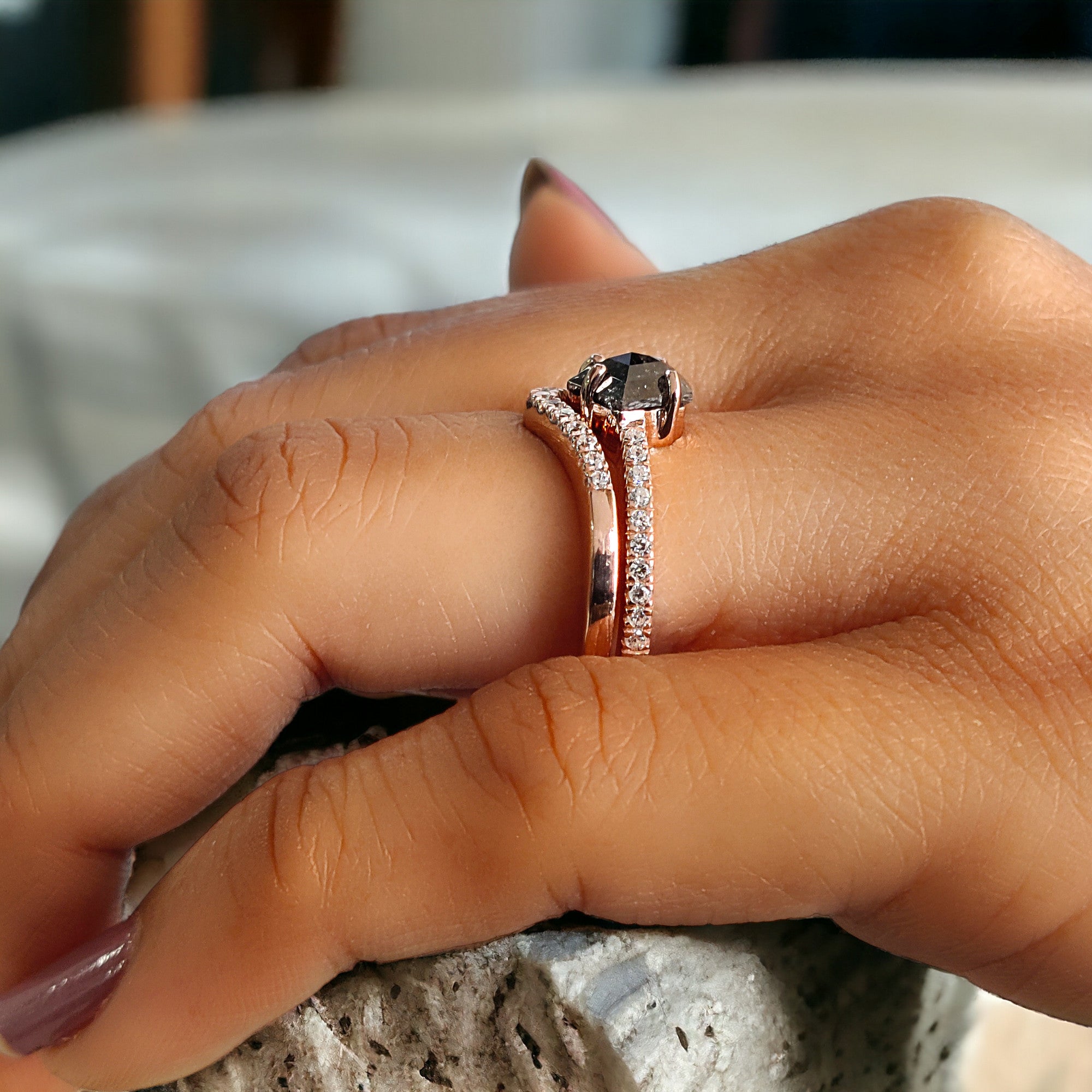 Pentagon Cut Salt And Pepper Diamond Ring 0.98 Ct 7.00 MM Pentagon Diamond Ring 14K Rose Gold Silver Engagement Ring Gift For Her QL1222