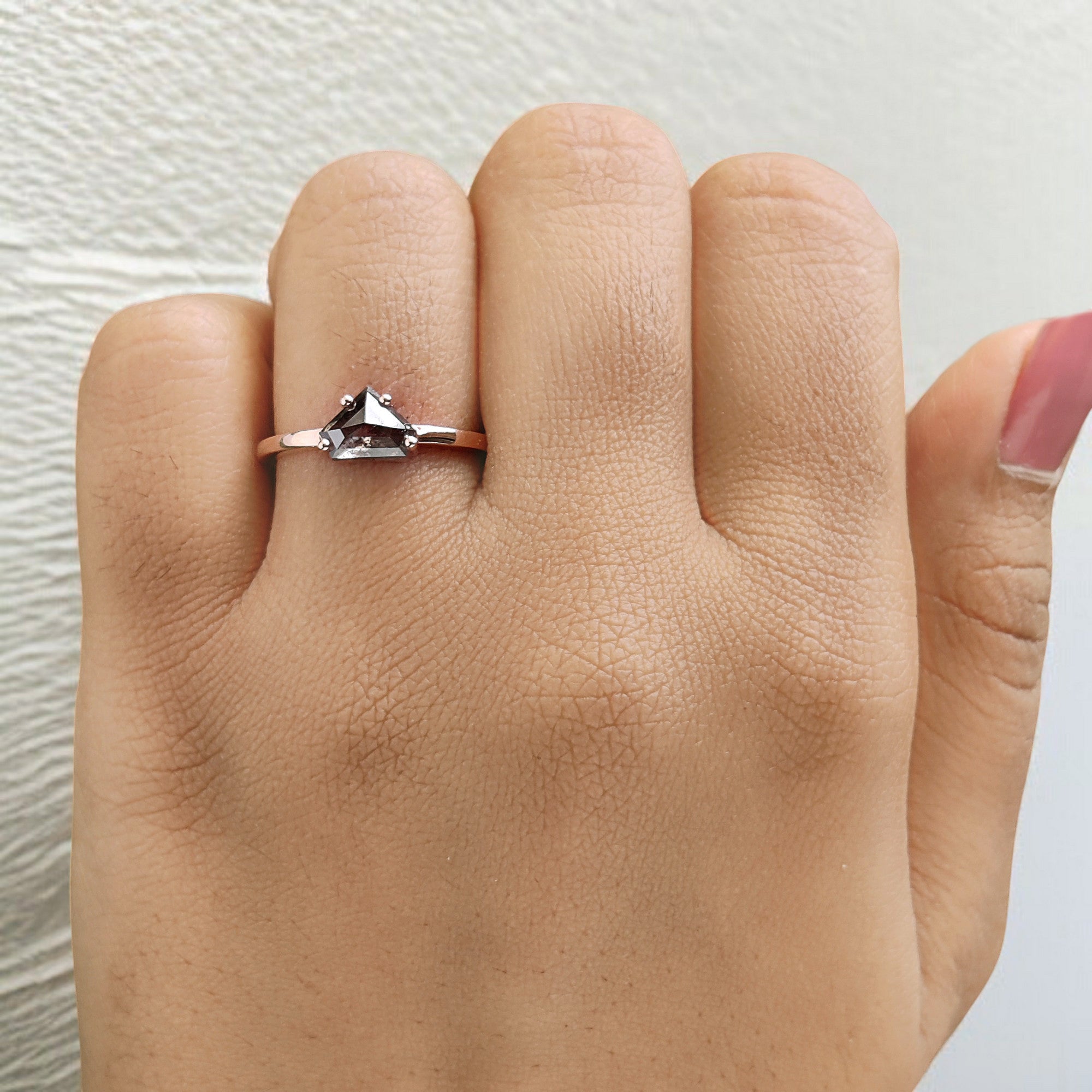 0.89 Ct Natural Shield Cut Salt And Pepper Diamond Ring 5.77 MM Shield Shape Diamond Ring 14K Solid Rose Gold Silver Engagement Ring QL9565