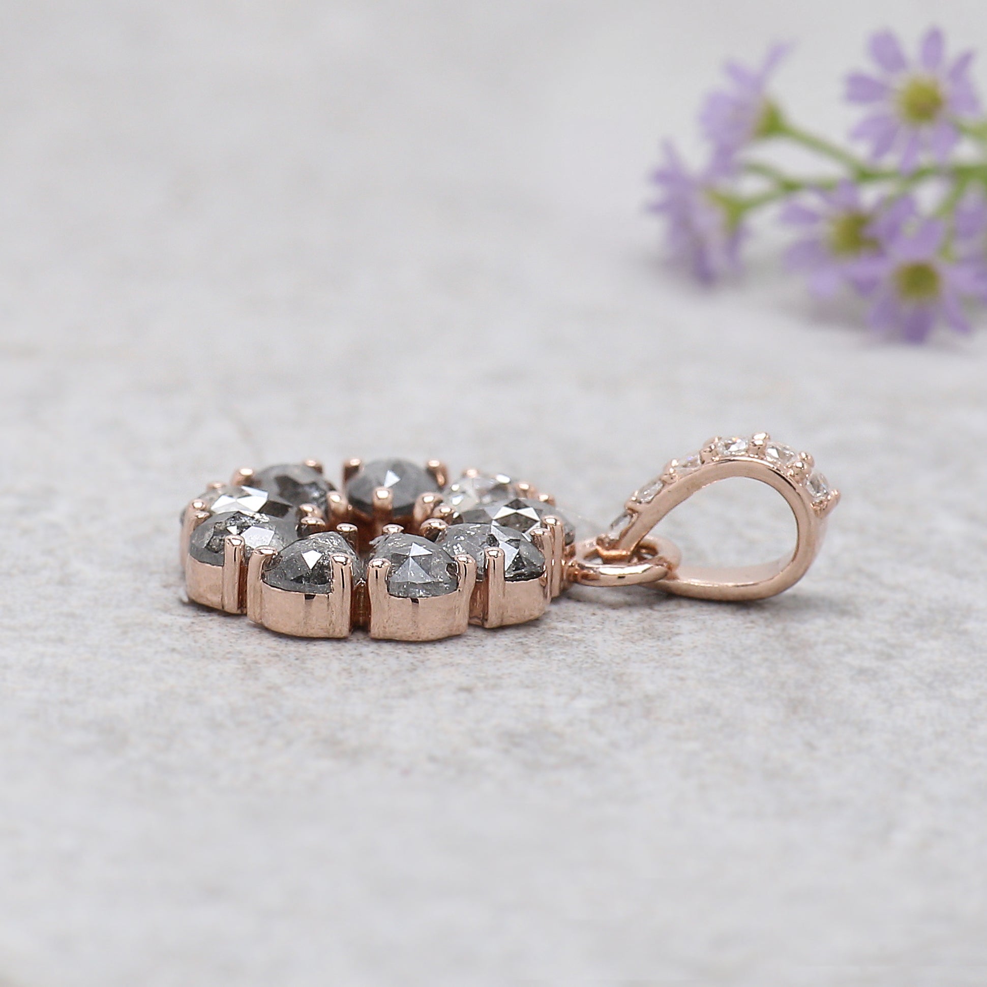 Pear Shape Salt and Pepper Diamond Pendant 0.49 Ct, 14K Solid Rose Gold Necklace, Rustic Diamond Engagement Pendant, Gift for Her KD1199