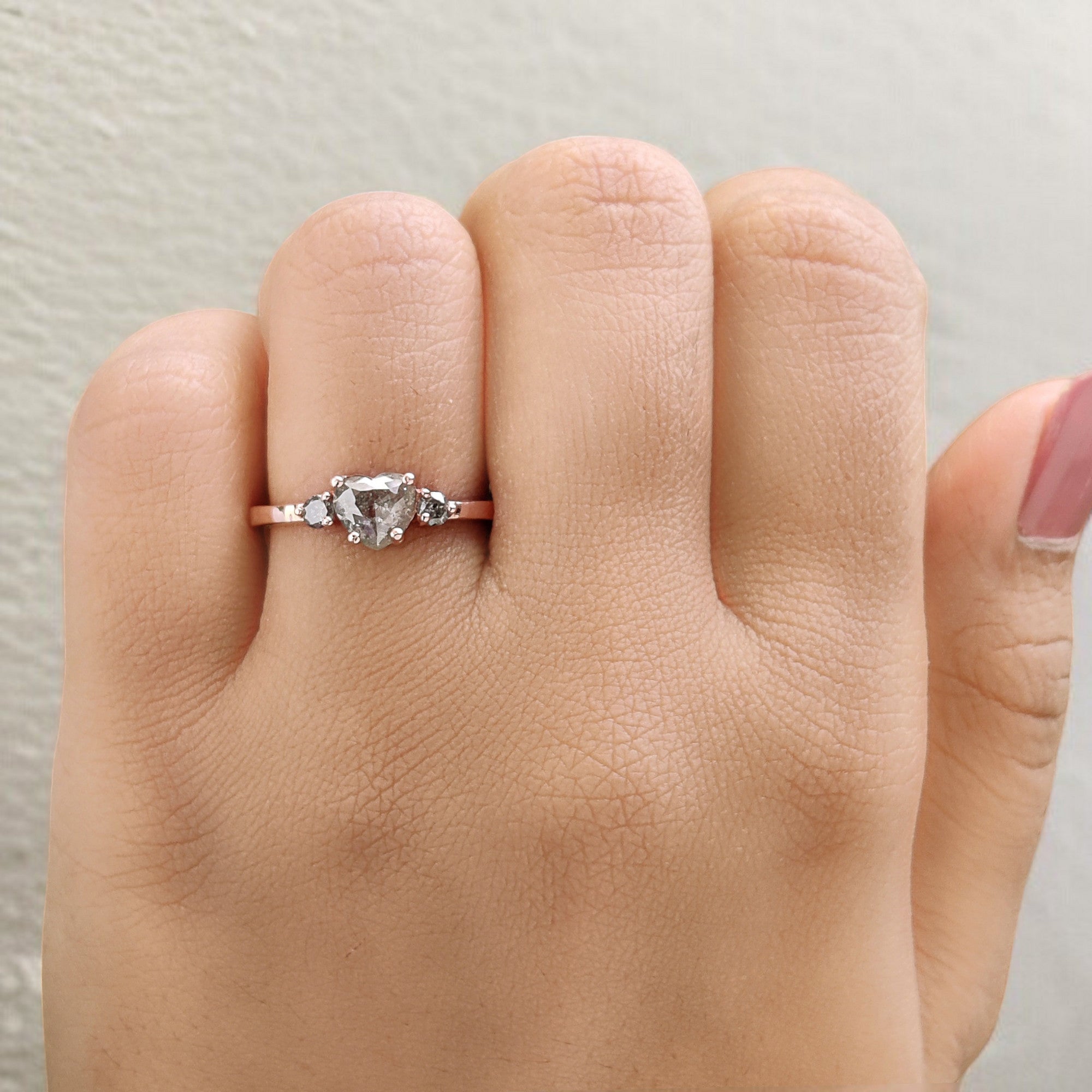 Heart Salt And Pepper Diamond Ring 0.69 Ct 5.60 MM Heart Shape Diamond Ring 14K Solid Rose Gold Silver Engagement Ring Gift For Her QL1624