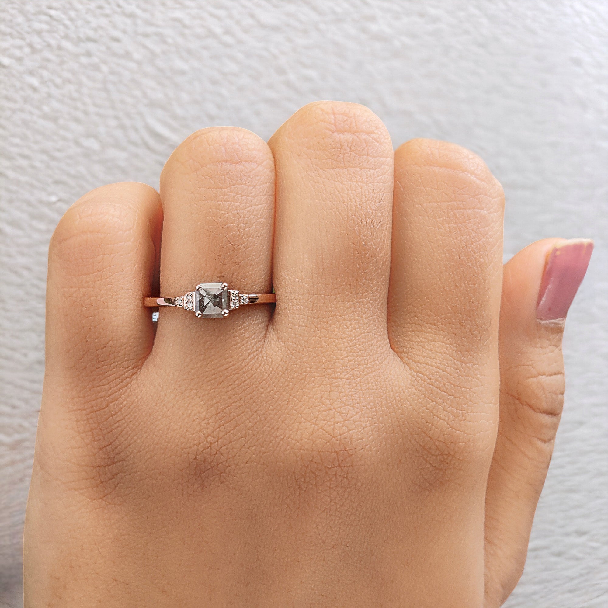 Emerald Cut Salt And Pepper Diamond Ring 0.45 Ct 4.80 MM Emerald Diamond Ring 14K Solid Rose Gold Silver Engagement Ring Gift For Her QL7606