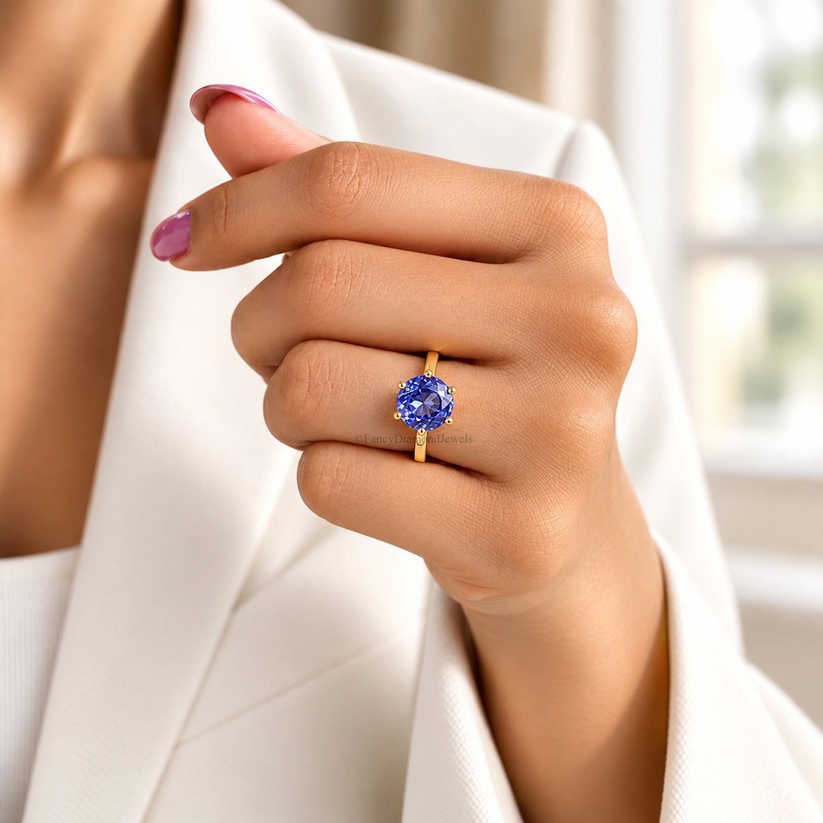 Royal Blue Round Portuguese Cut Engagement Ring, CZ Wedding Ring For Women, Travel Ring, Promise Ring, Dainty Anniversary Gift For Her FD607