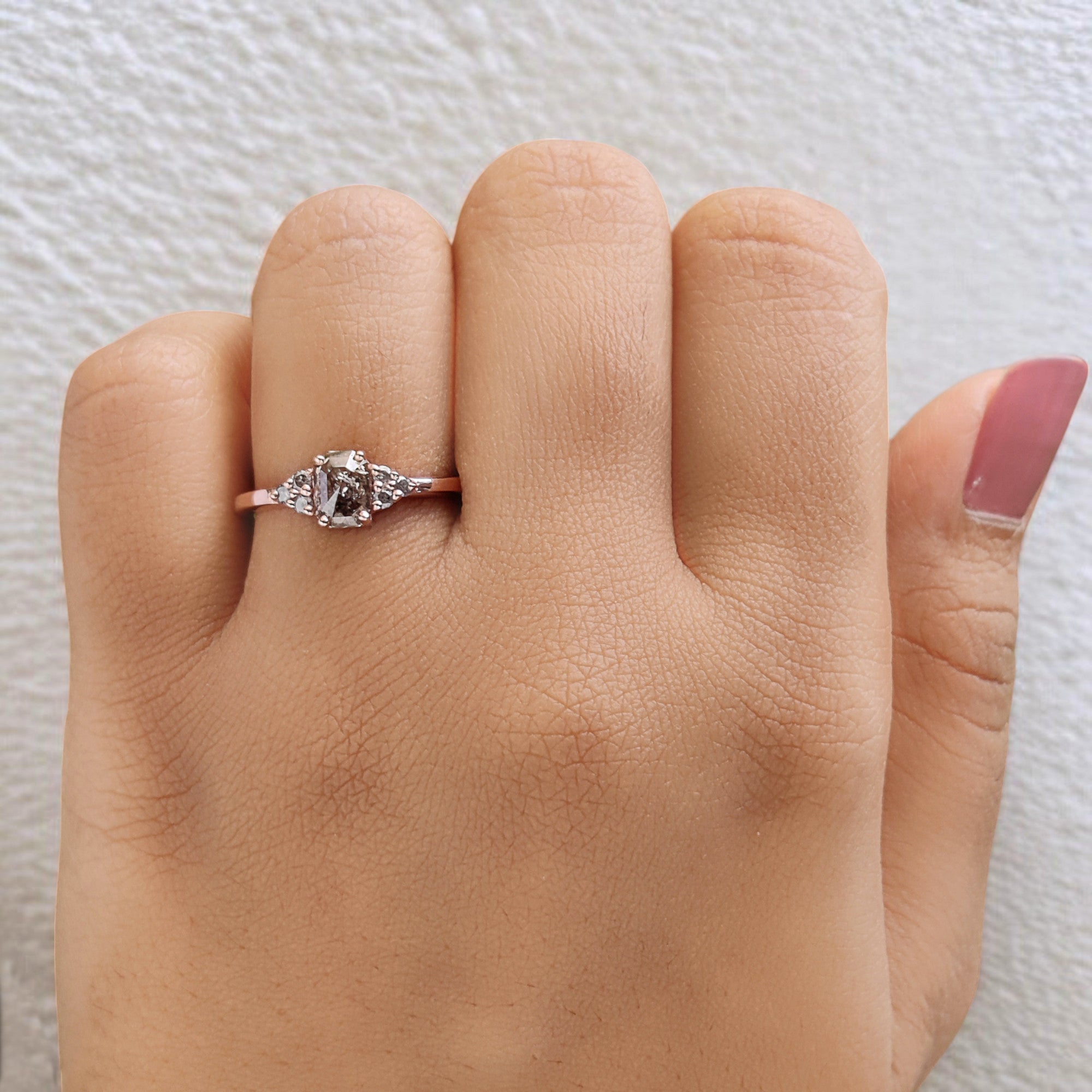 0.75 Ct Natural Emerald Cut Salt And Pepper Diamond Ring 5.95 MM Emerald Diamond Ring 14K Solid Rose Gold Silver Engagement Ring QL9987