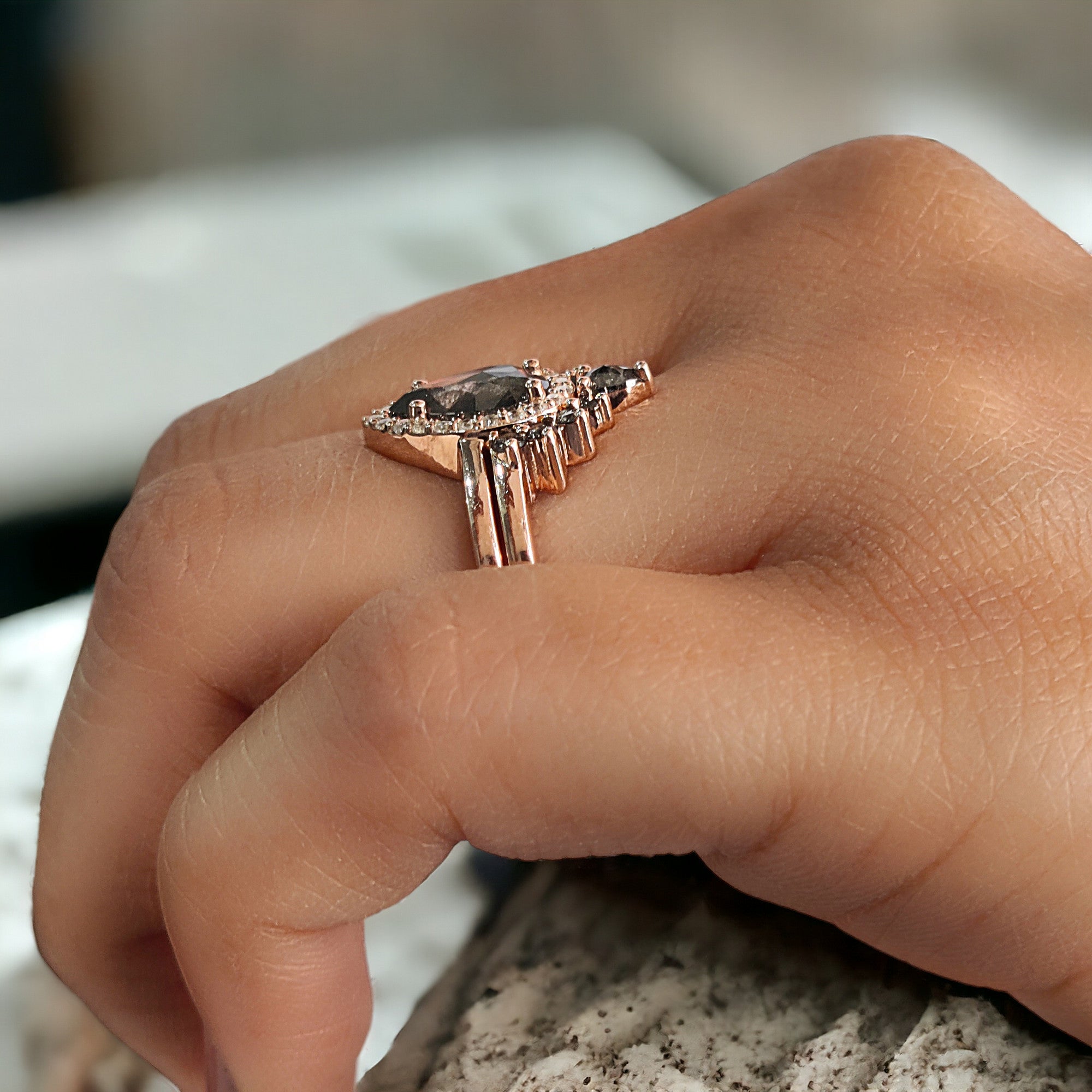 Pear Cut Salt And Pepper Diamond Ring 1.12 Ct 9.17 MM Pear Diamond Ring 14K Solid Rose Gold Silver Pear Engagement Ring Gift For Her QL2710