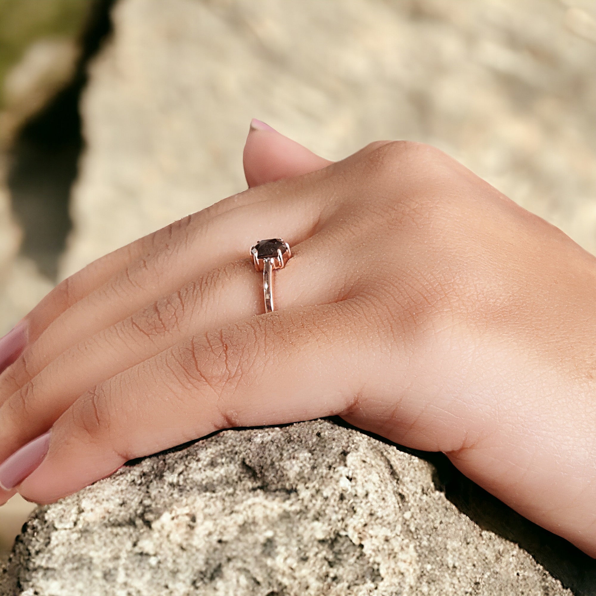 Hexagon Cut Salt And Pepper Diamond Ring 0.59 Ct 5.85 MM Hexagon Cut Diamond Ring 14K Rose Gold Silver Engagement Ring Gift For Her QL935