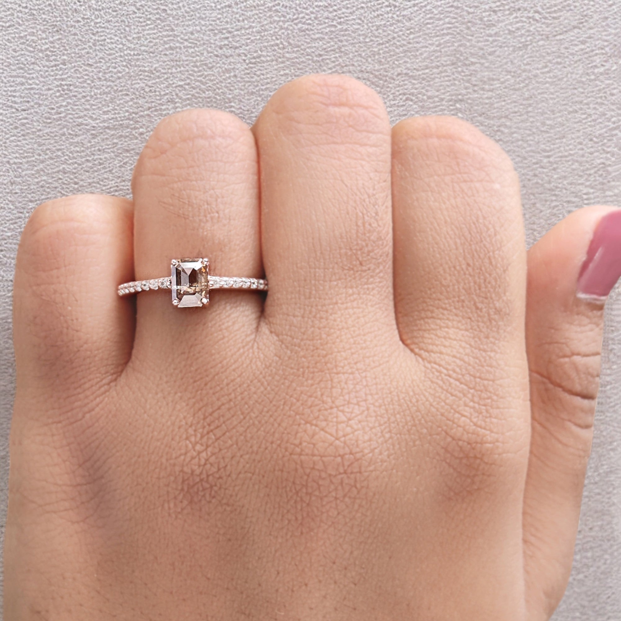 Emerald Cut Brown Color Diamond Ring 0.87 Ct 6.05 MM Emerald Shape Diamond Ring 14K Rose Gold Silver Engagement Ring Gift For Her QL060
