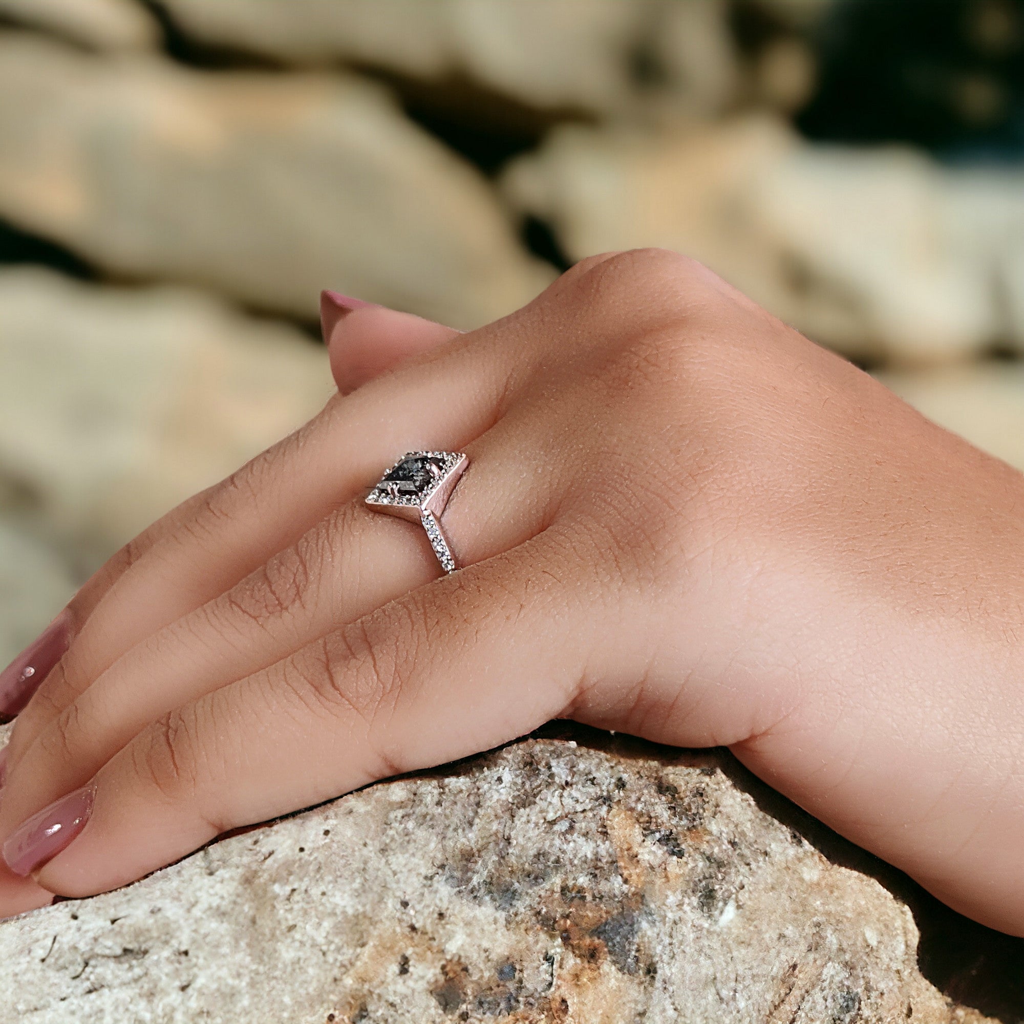 Kite Cut Salt And Pepper Diamond Ring 0.70 Ct 7.10 MM Kite Diamond Ring 14K Solid Rose Gold Silver Kite Engagement Ring Gift For Her QN930