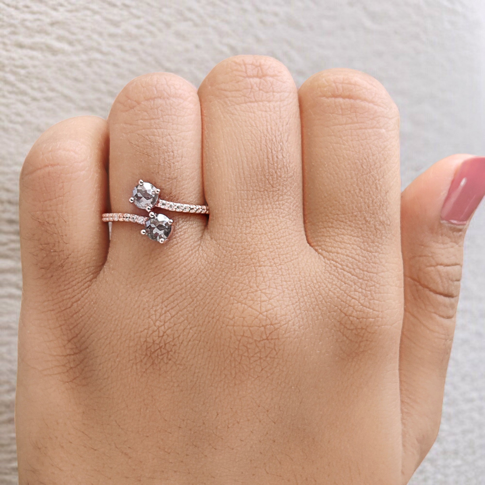 Round Rose Cut Salt And Pepper Diamond Ring 0.85 Ct 4.55 MM Round Diamond Ring 14K Rose Gold Silver Engagement Ring Gift For Her QL6309