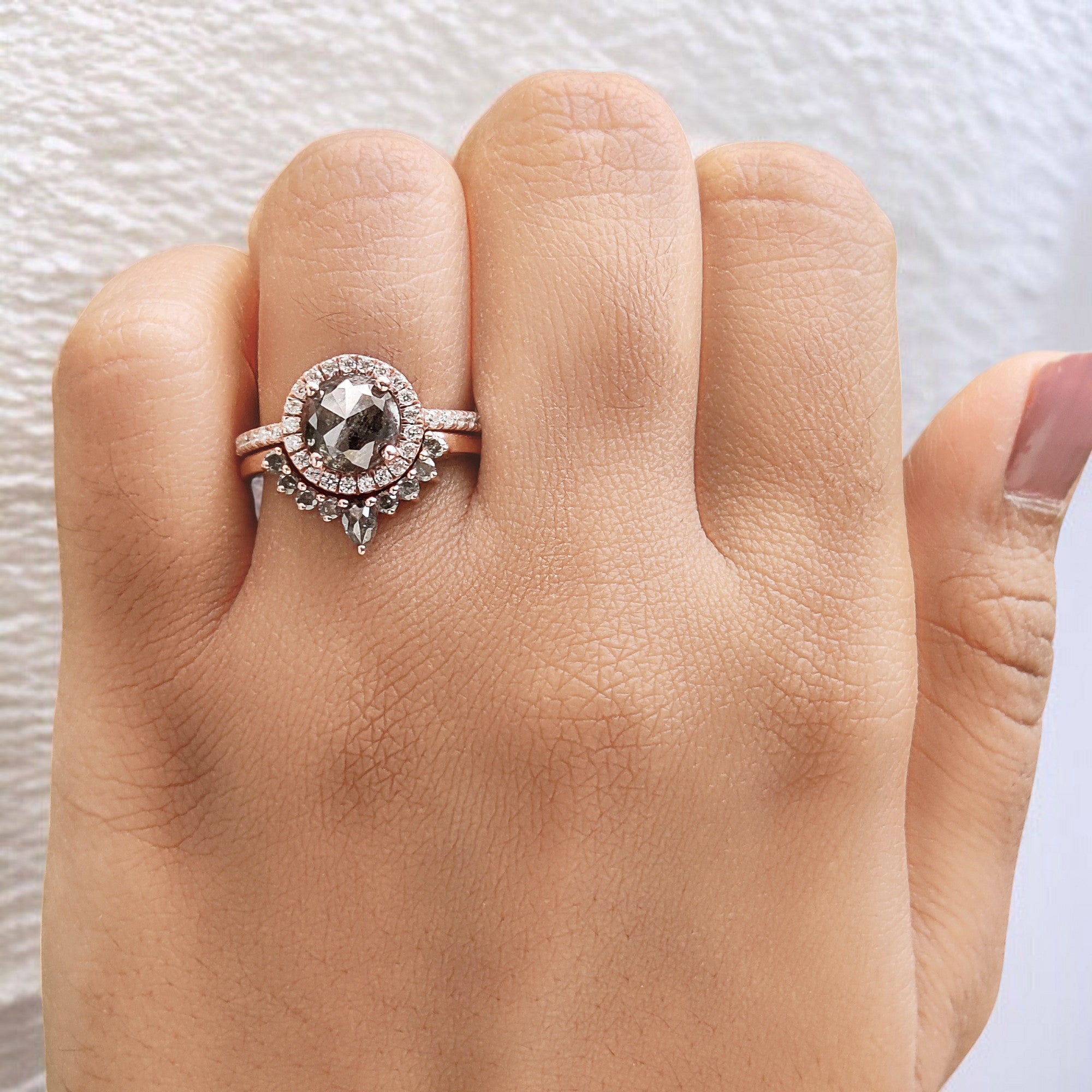 Round Rose Cut Salt And Pepper Diamond Ring 1.69 Ct 7.36 MM Round Diamond Ring 14K Rose Gold Silver Engagement Ring Gift For Her QL1949