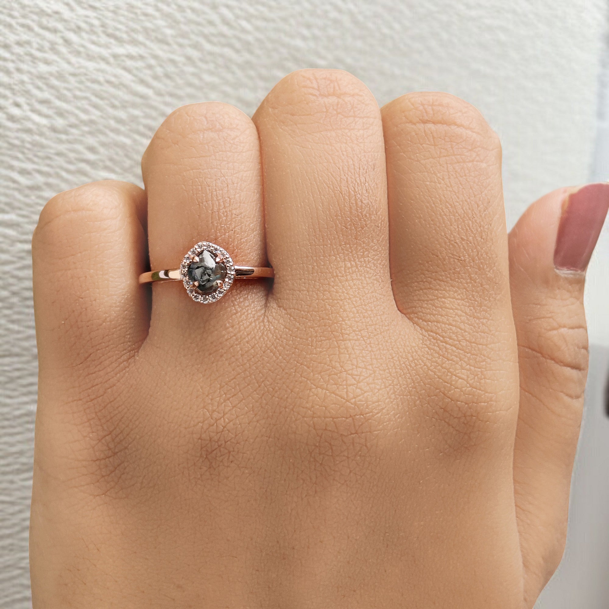 Rough Blue Color Diamond Ring 0.91 Ct 5.73 MM Crystal Rough Diamond Ring 14K Solid Rose Gold Silver Engagement Ring Gift For Her QL2239