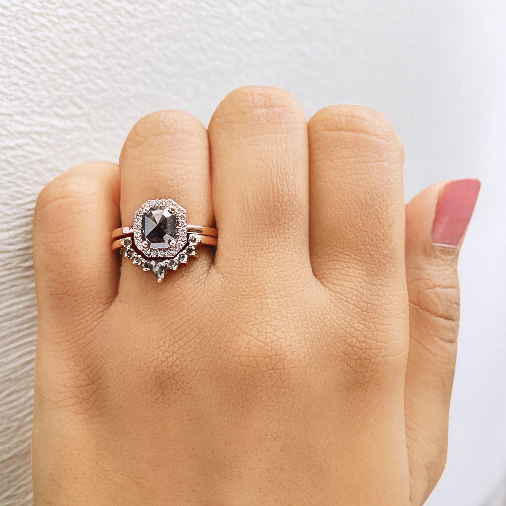 Emerald Cut Salt And Pepper Diamond Ring 1.70 Ct 7.20 MM Emerald Diamond Ring 14K Solid Rose Gold Silver Engagement Ring Gift For Her QL187