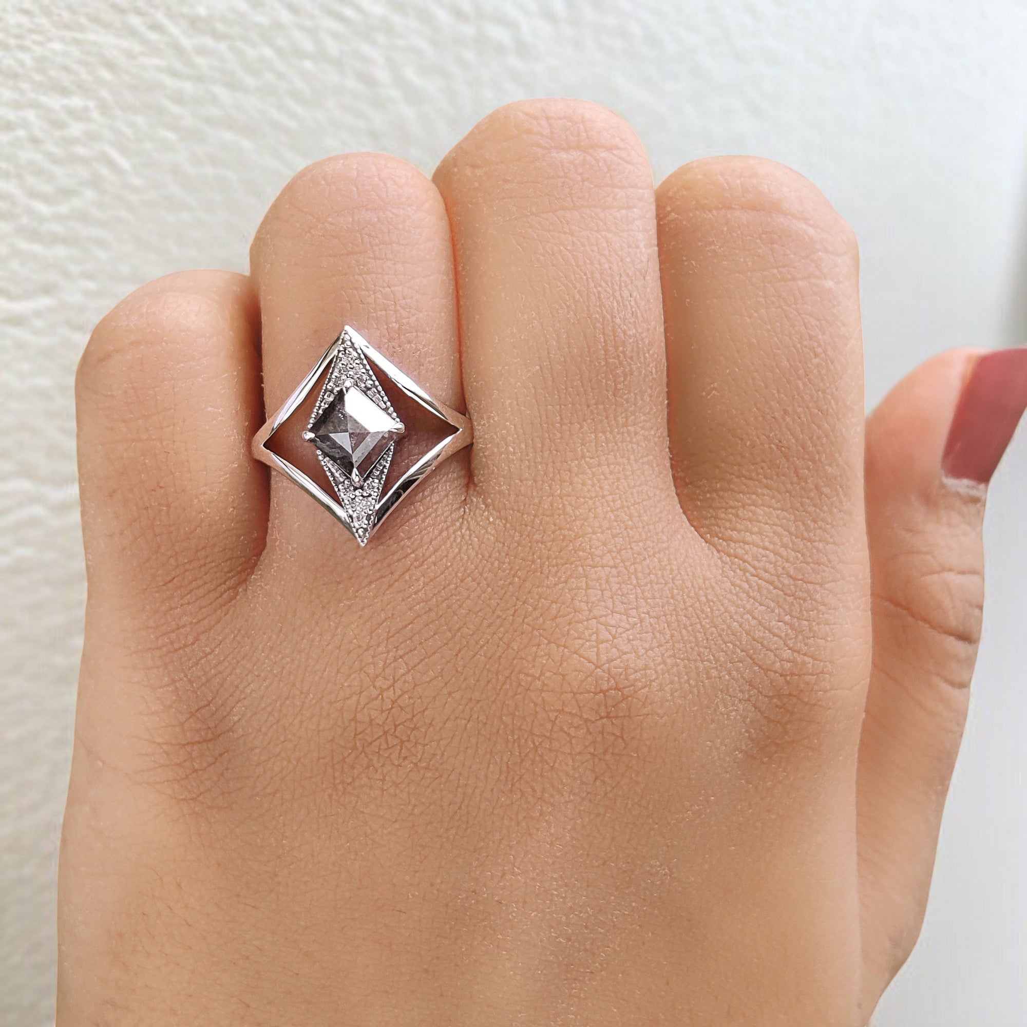 Kite Cut Salt And Pepper Diamond Ring 0.97 Ct 8.09 MM Kite Diamond Ring 14K Solid Rose Gold Silver Kite Engagement Ring Gift For Her QL2199