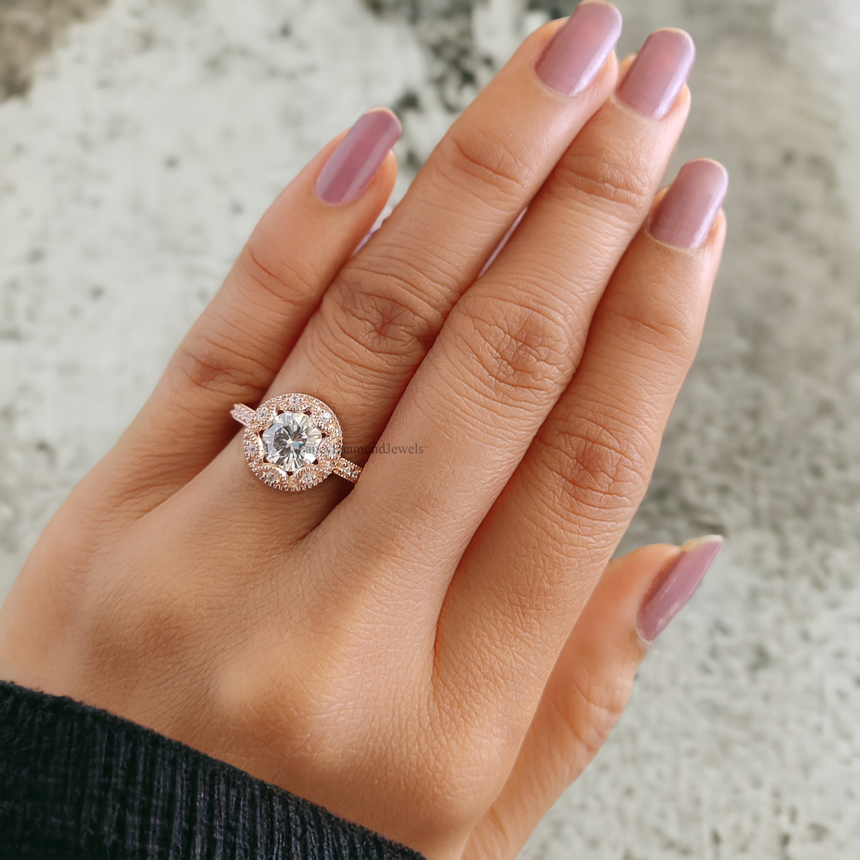 Round Cut Moissanite Engagement Ring Halo Milgrain Engagement Ring Handmade Jewelry Rose Gold Wedding Ring Surprise Gifts for Her FD166