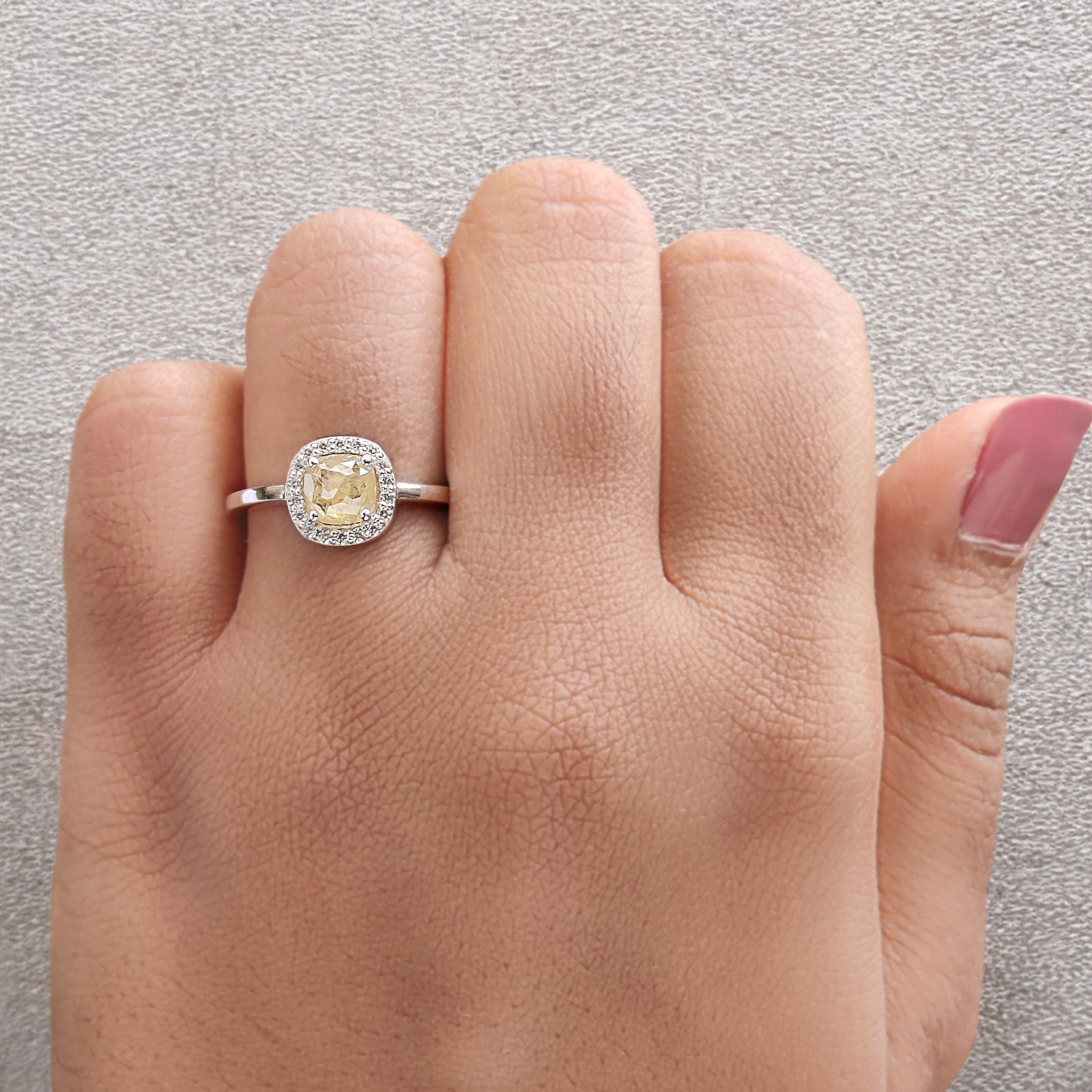 Cushion Yellow Color Diamond Ring 0.81 Ct 5.65 MM Cushion Shape Diamond Ring 14K Solid White Gold Silver Engagement Ring Gift For Her QL9098