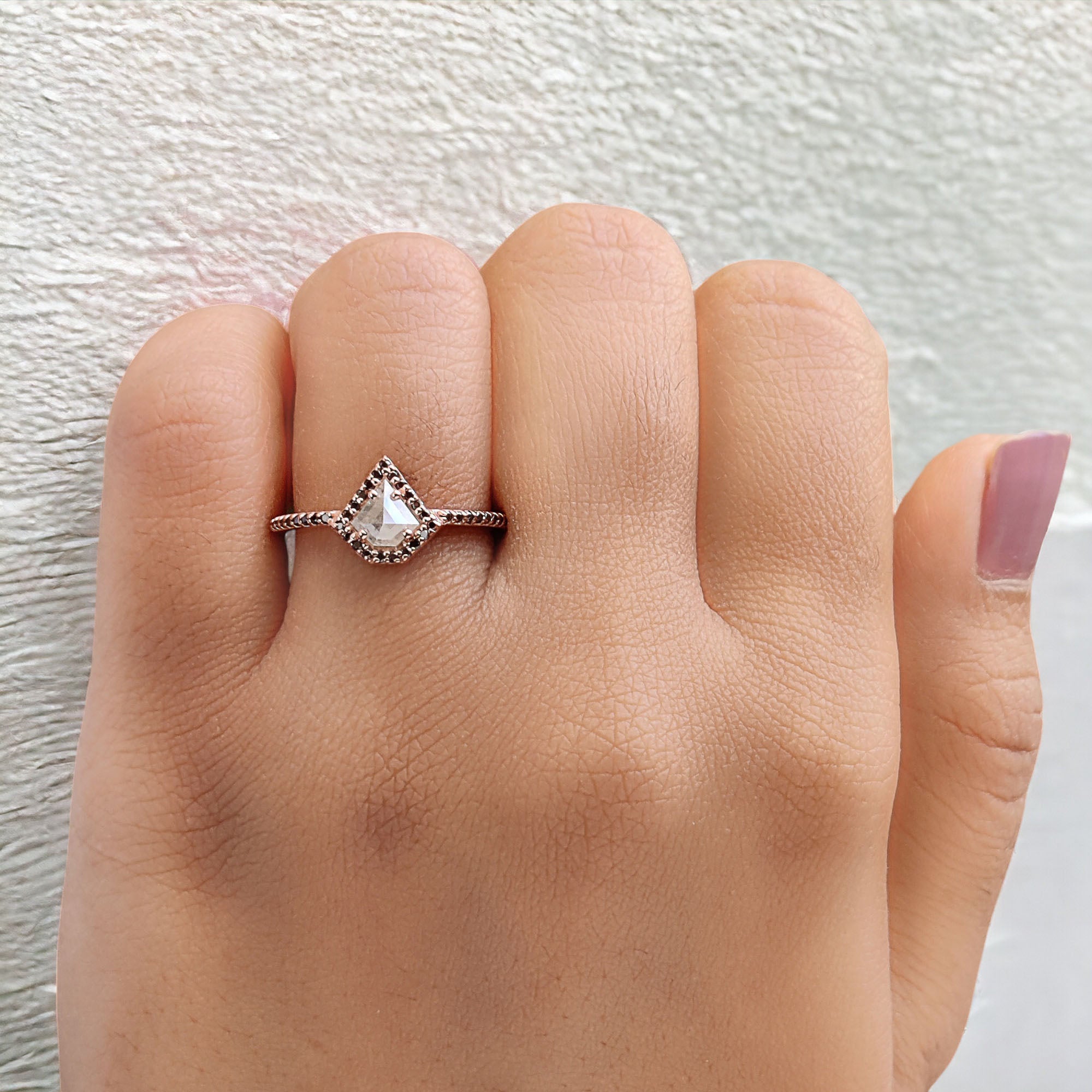 Shield Cut Salt And Pepper Diamond Ring 0.47 Ct 5.40 MM Shield Diamond Ring 14K Solid Rose Gold Silver Engagement Ring Gift For Her QL9683