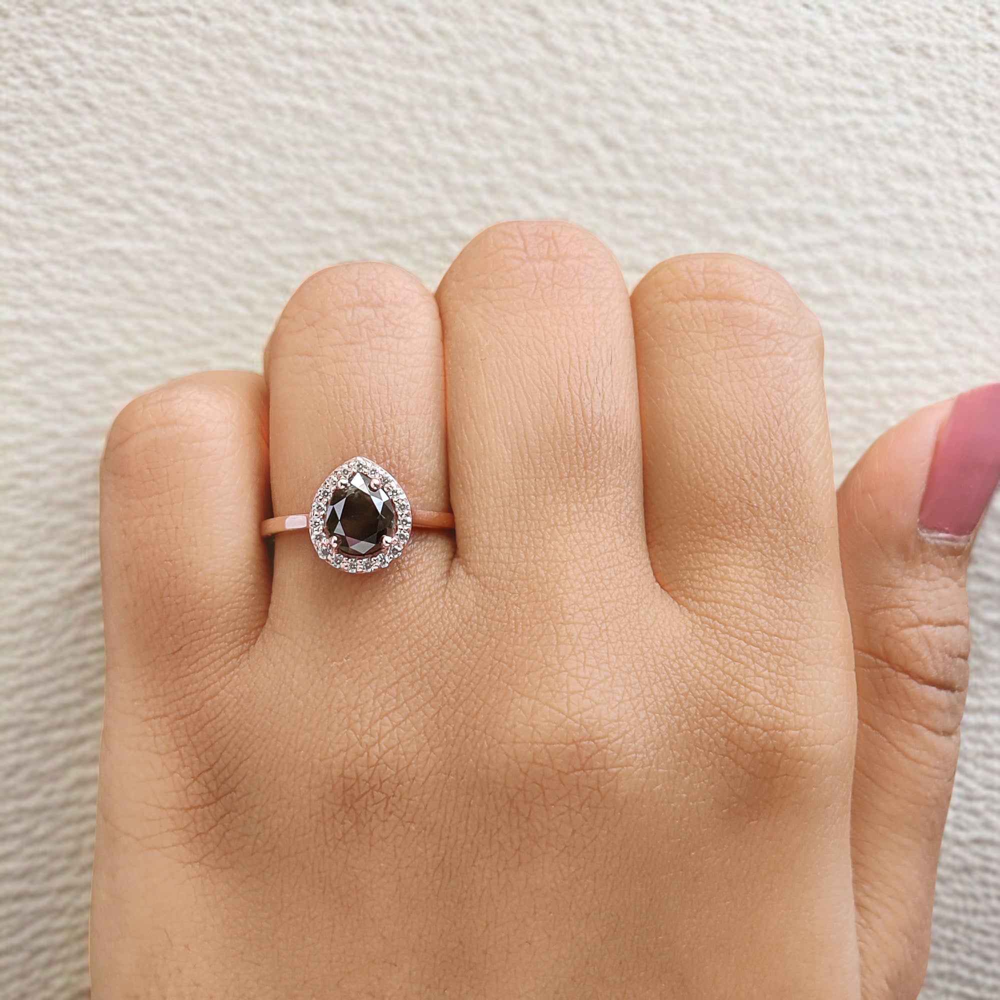 Pear Cut Salt And Pepper Diamond Ring 1.18 Ct 7.00 MM Pear Diamond Ring 14K Solid Rose Gold Silver Pear Engagement Ring Gift For Her QL1653