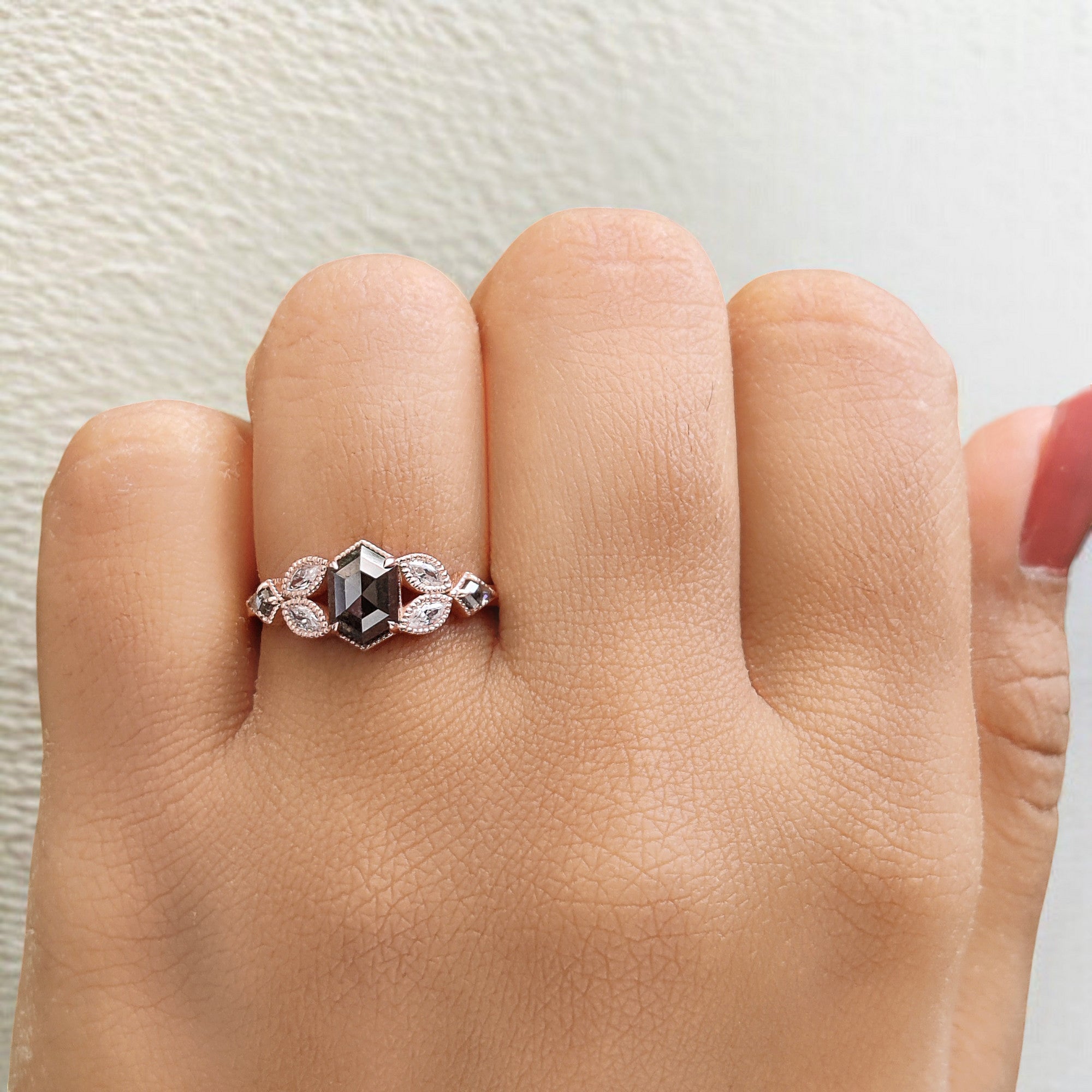 Hexagon Cut Salt And Pepper Diamond Ring 0.98 Ct 6.83 MM Hexagon Cut Diamond Ring 14K Rose Gold Silver Engagement Ring Gift For Her QL2943