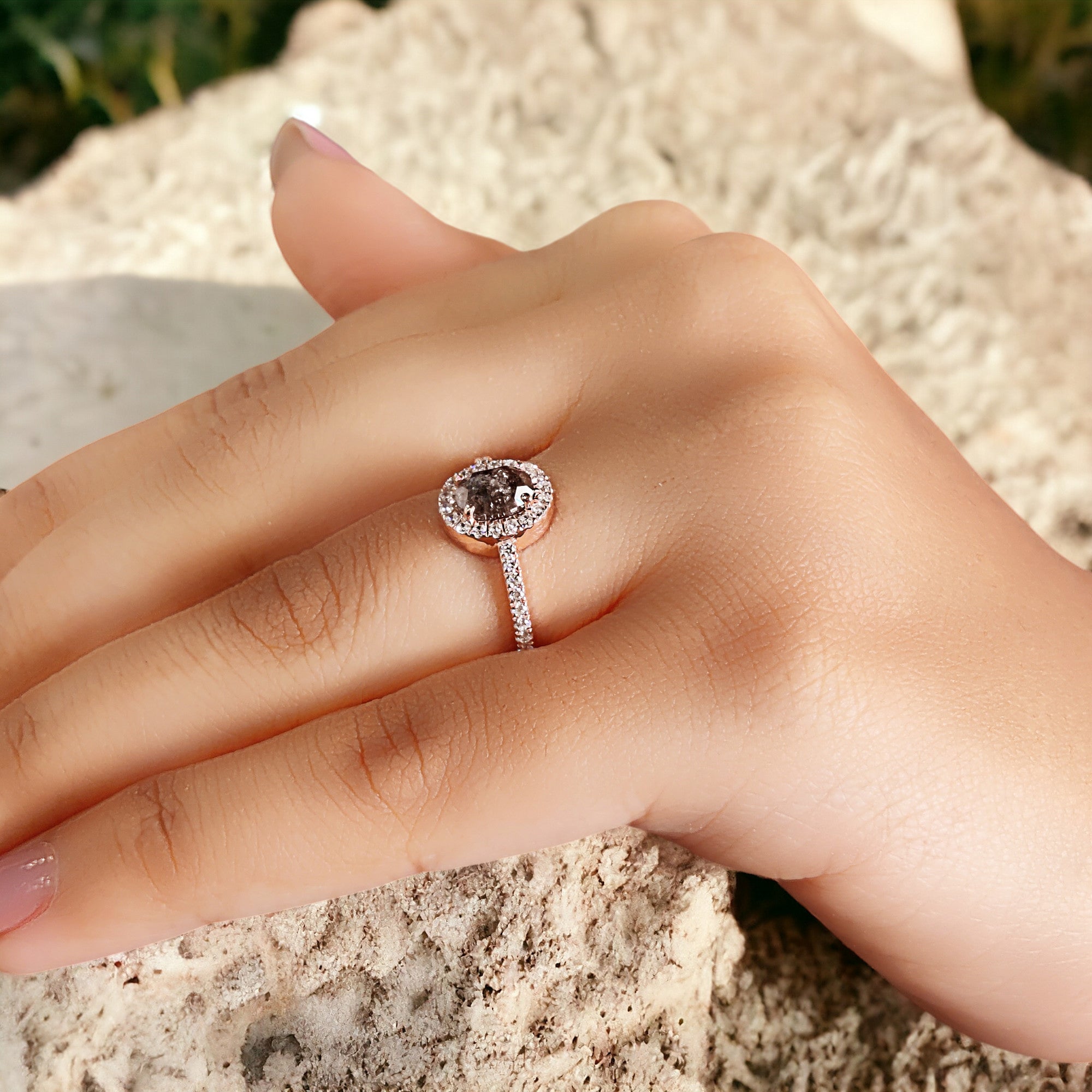 Oval Cut Salt And Pepper Diamond Ring 0.88 Ct 6.60 MM Oval Diamond Ring 14K Solid Rose Gold Silver Oval Engagement Ring Gift For Her QN941