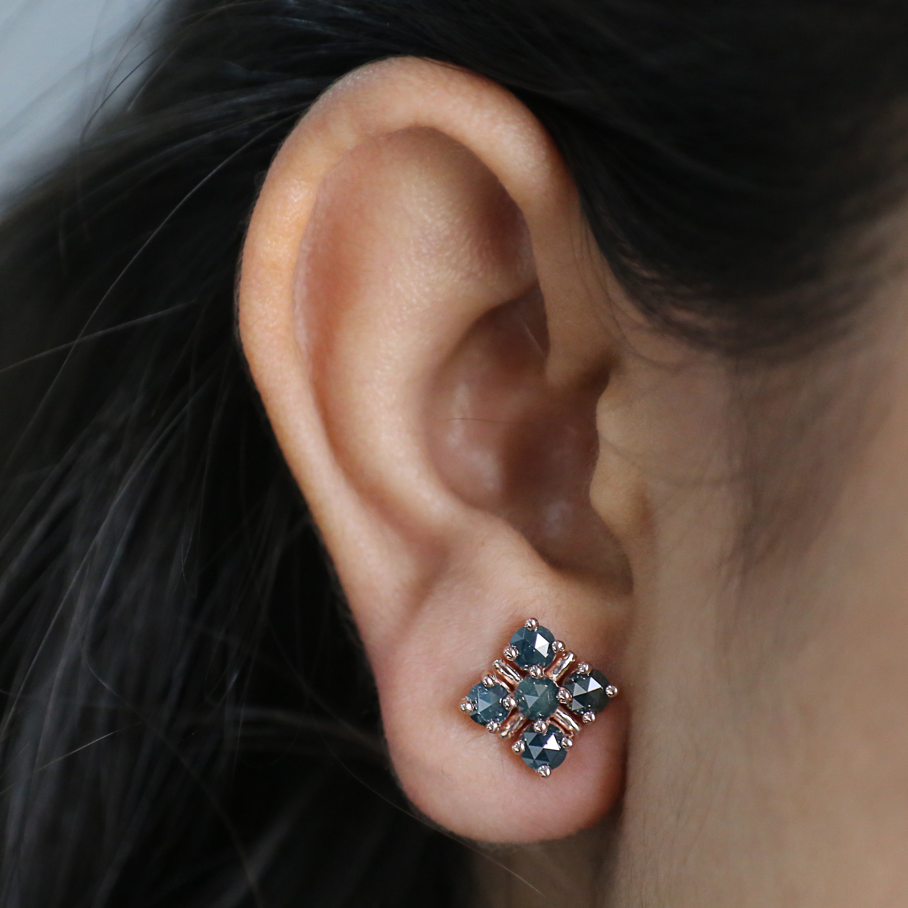 Round Rose Cut Blue Color Diamond Earring 2.03 Ct 3.90 MM Round Diamond Earring 14K Rose Gold Silver Engagement Earring Gift For Her QL2414