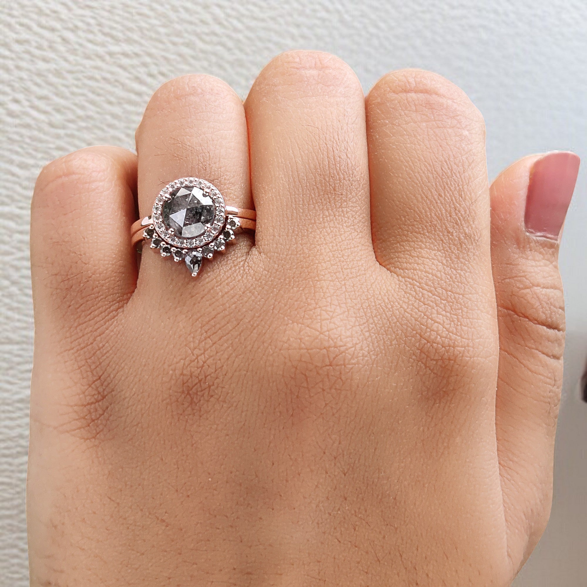 1.86 Ct Natural Round Rose Cut Salt And Pepper Diamond Ring 7.25 MM Round Diamond Ring 14K Solid Rose Gold Silver Engagement Ring QL2001