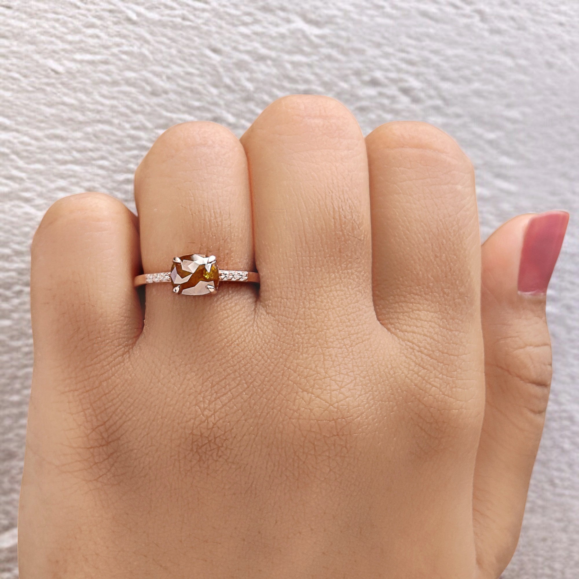 Cushion Yellow Color Diamond Ring 1.39 Ct 6.92 MM Brown Cushion Diamond Ring 14K Solid Rose Gold Silver Engagement Ring Gift For Her QL2885