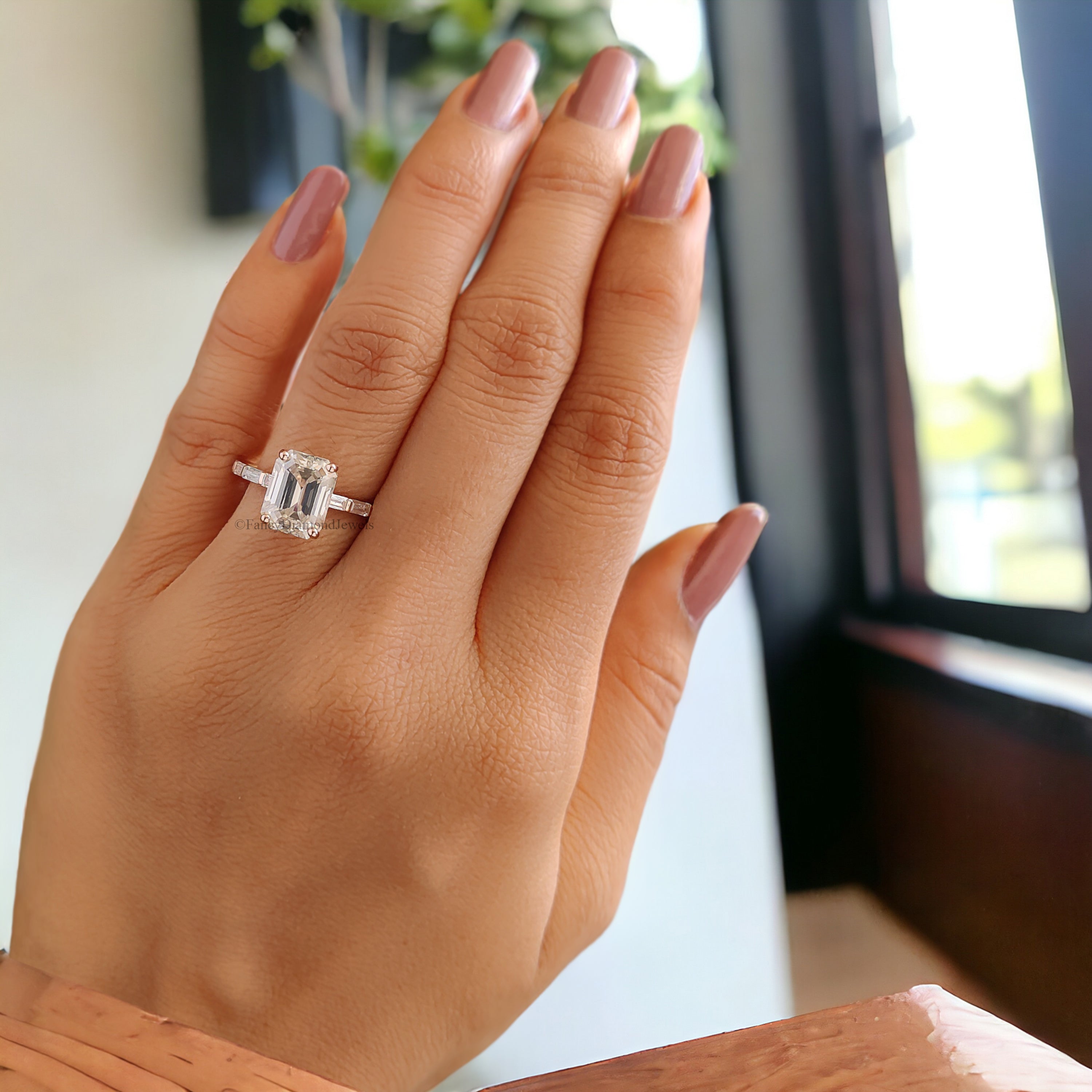 2.45 CT Emerald Cut Colorless Moissanite Engagement Ring Side Baguette Moissanite Wedding Ring Anniversary Gift For Her Handmade Ring FD149