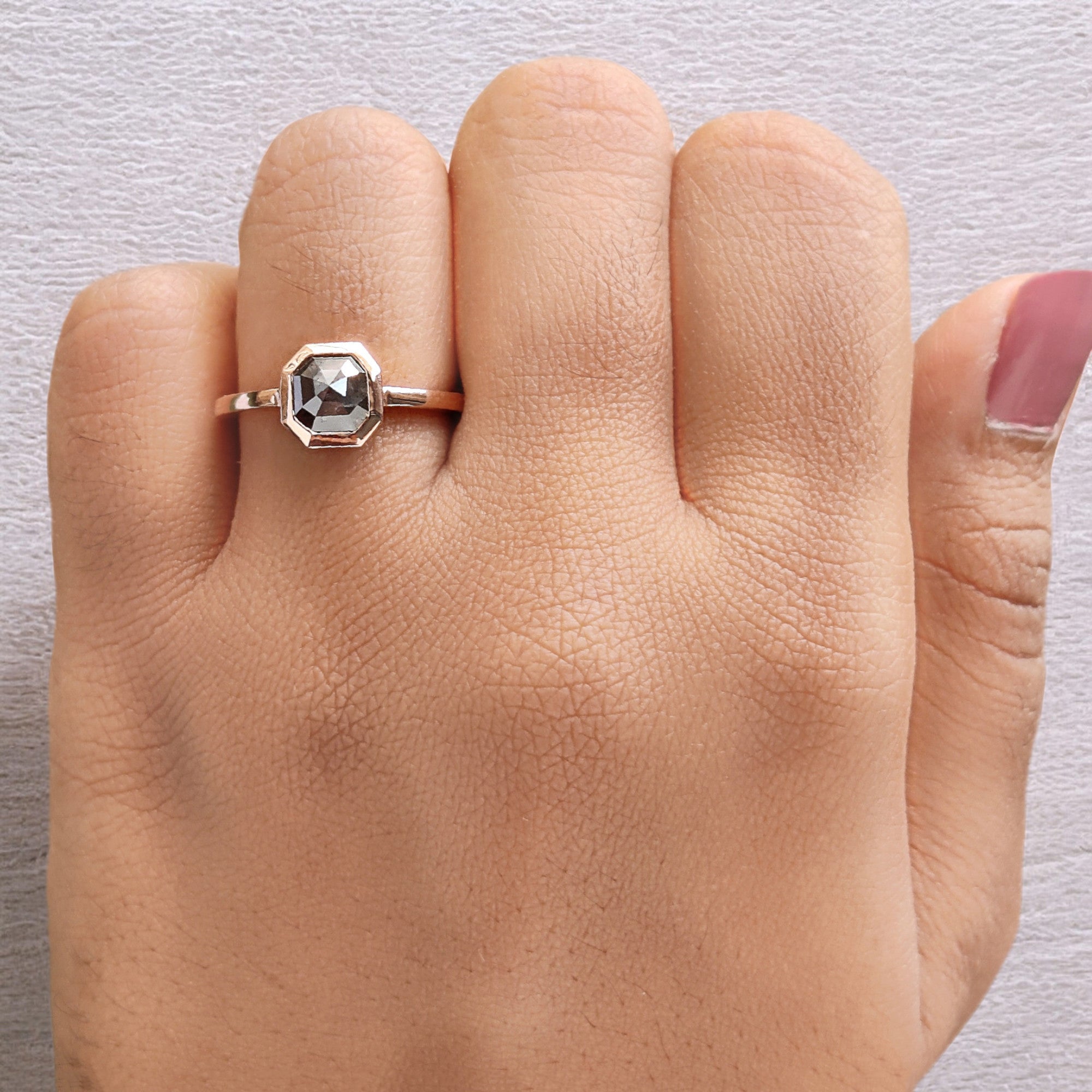 Emerald Cut Salt And Pepper Diamond Ring 1.08 Ct 6.50 MM Emerald Diamond Ring 14K Solid Rose Gold Silver Engagement Ring Gift For Her QL7004