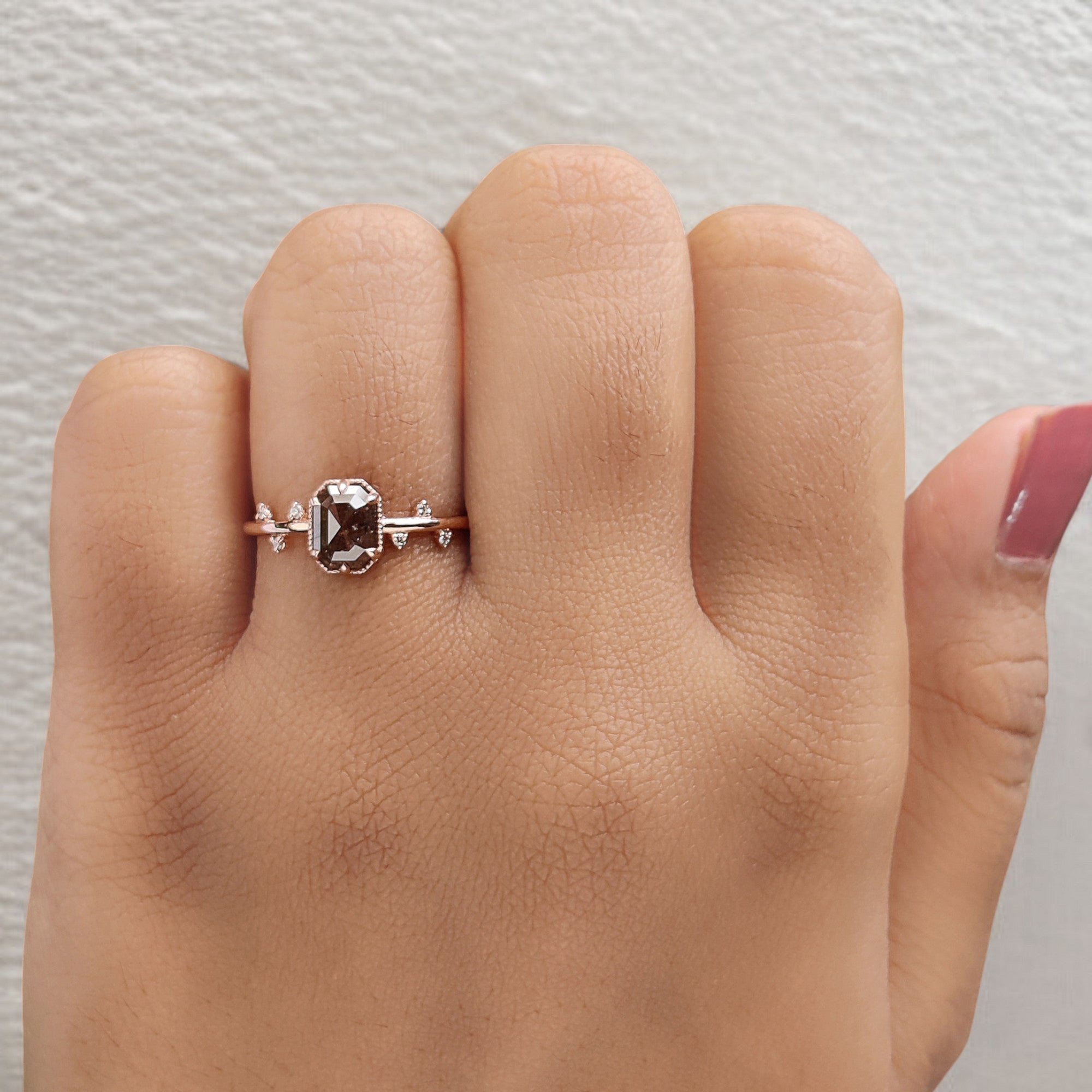 Emerald Cut Brown Color Diamond Ring 0.79 Ct 6.18 MM Emerald Shape Diamond Ring 14K Rose Gold Silver Engagement Ring Gift For Her QL652