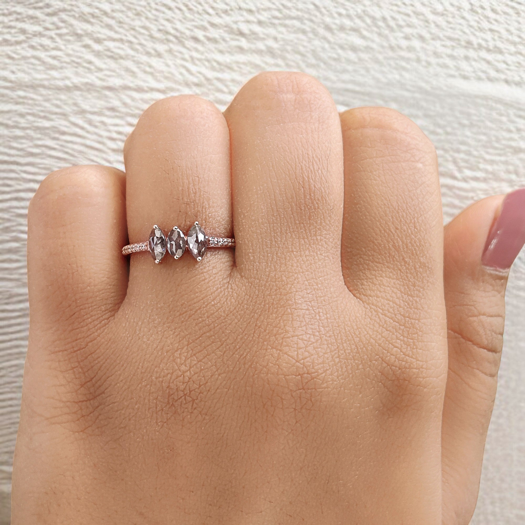 Marquise Cut Salt And Pepper Diamond Ring 0.55 Ct 6.05 MM Marquise Diamond Ring 14K Solid Rose Gold Engagement Ring Gift For Her QL2458