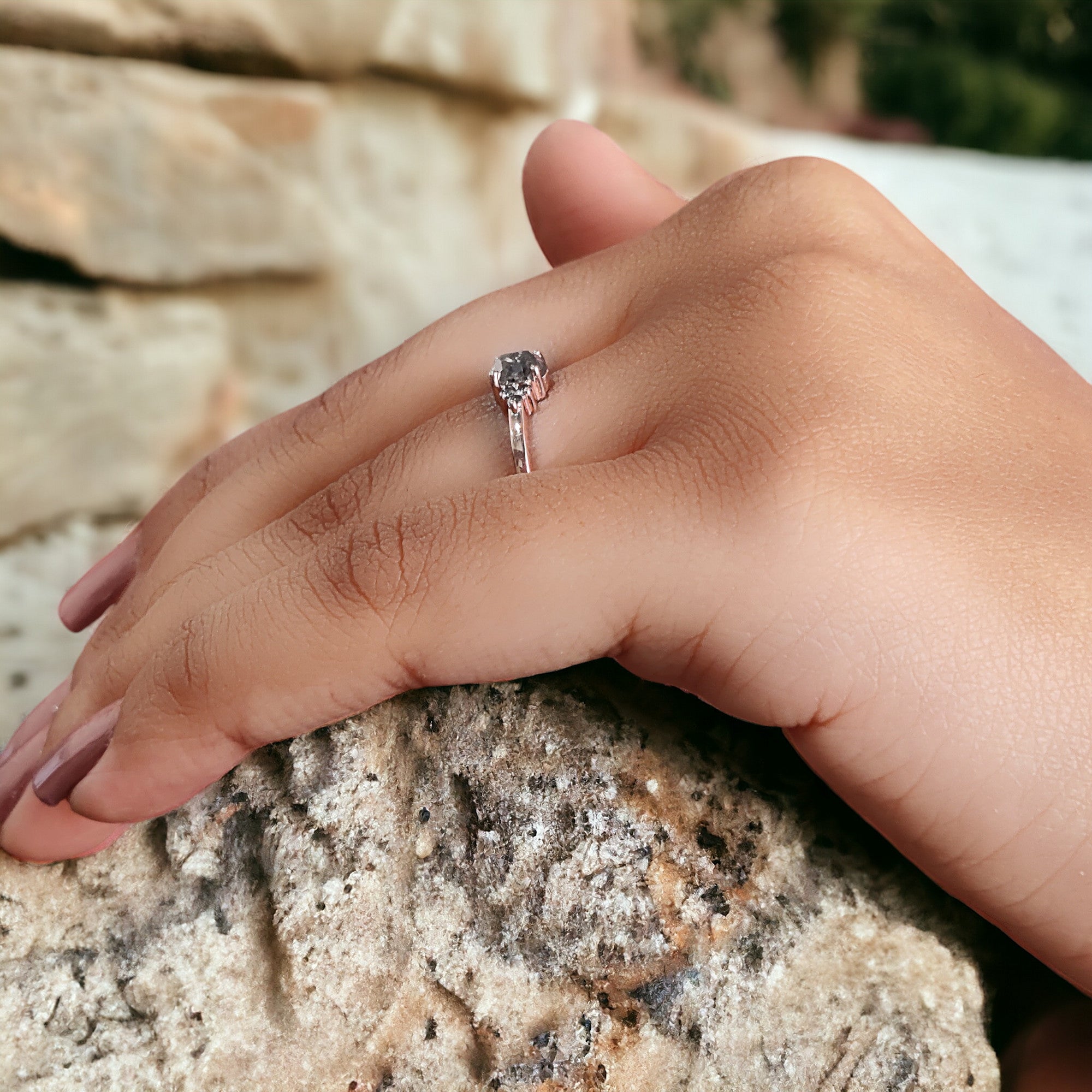 0.46 Ct Natural Oval Shape Salt And Pepper Diamond Ring 5.10 MM Oval Shape Diamond Ring 14K Solid Rose Gold Silver Engagement Ring QL383